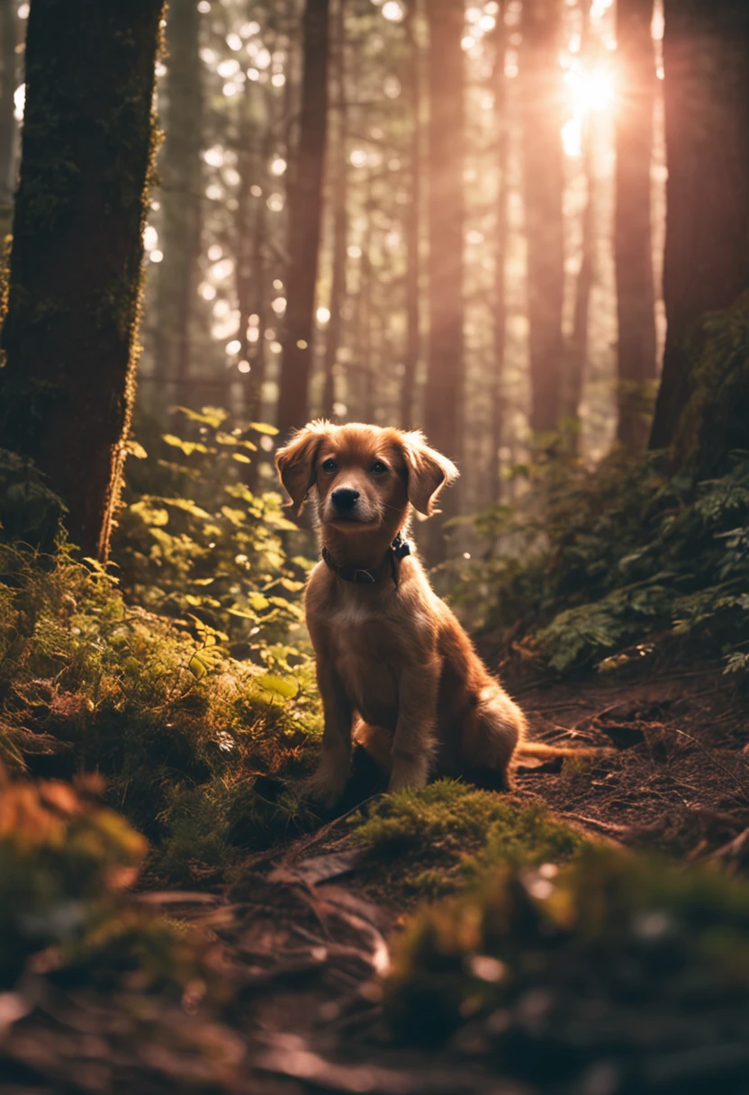 foto em close de um cachorrinho de sala pulando muito fofo na floresta, soft volumetric lights (retroiluminação: 1.3), (kinematics: 1.2), detalhes intrincados