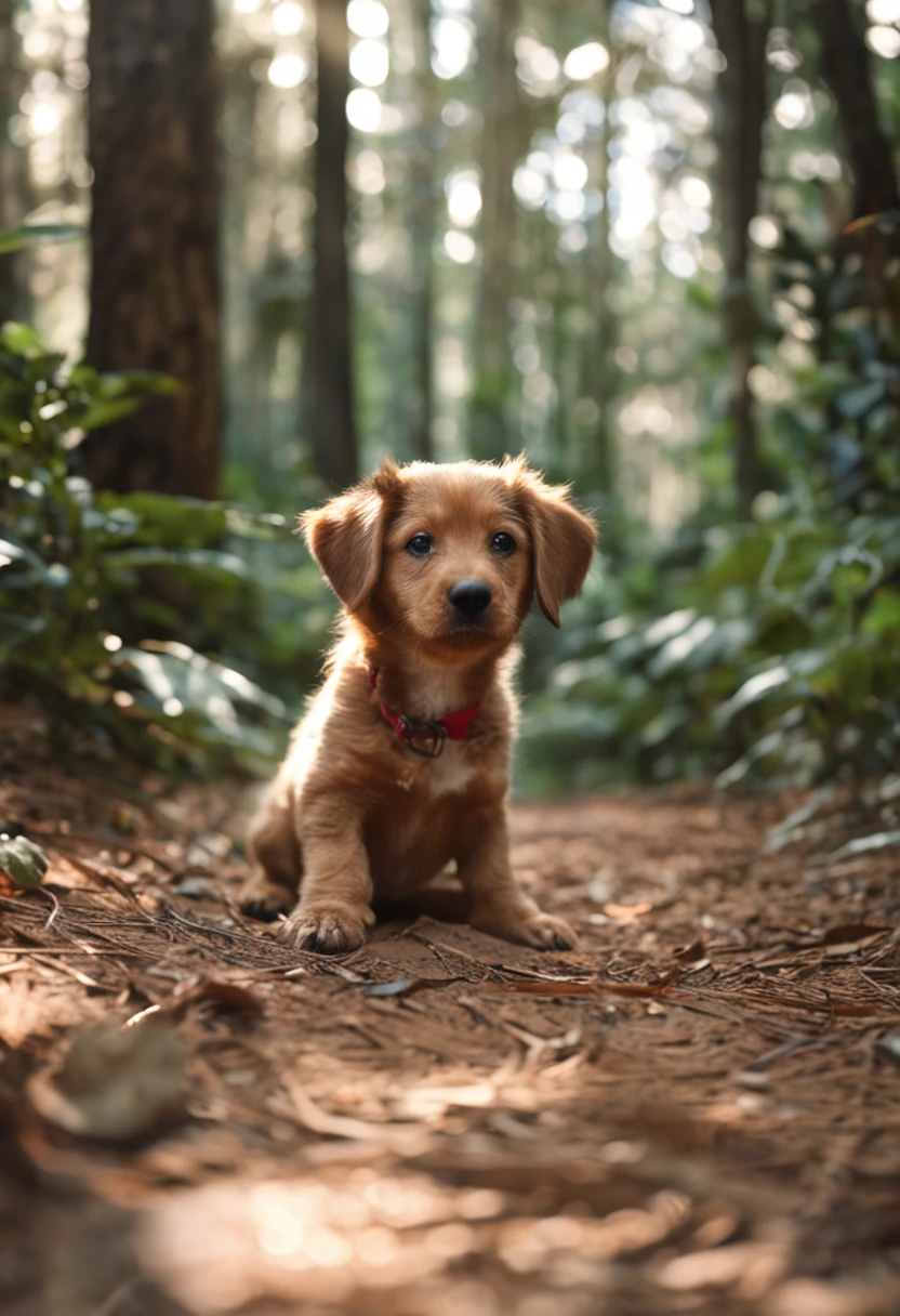foto em close de um cachorrinho de sala pulando muito fofo na floresta, soft volumetric lights (retroiluminação: 1.3), (kinematics: 1.2), detalhes intrincados