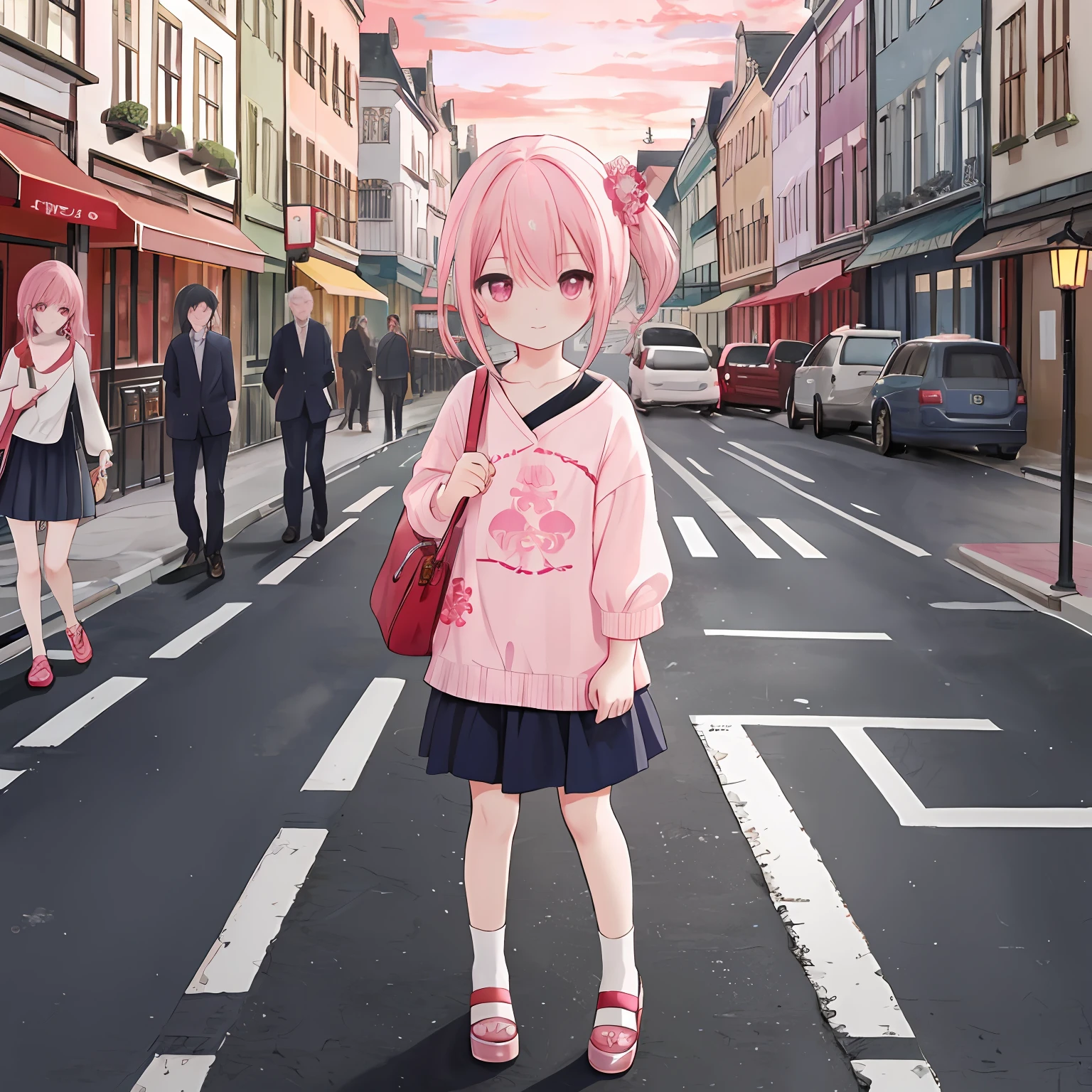 absurderes, hight resolution, (Anime style:1.1), ((masutepiece)), ((Best Quality)), (Ultra-detailed), (Beautiful), 独奏, Beautiful face、(liftup),Streets of the city's red light district、Cute little girl s,Wind,Thin colorful pink hair, Red eyes,Casual clothing,Blue sky,Laugh,Looking at Viewer,Lens Flare,Dramatic,Walk in the middle of the road