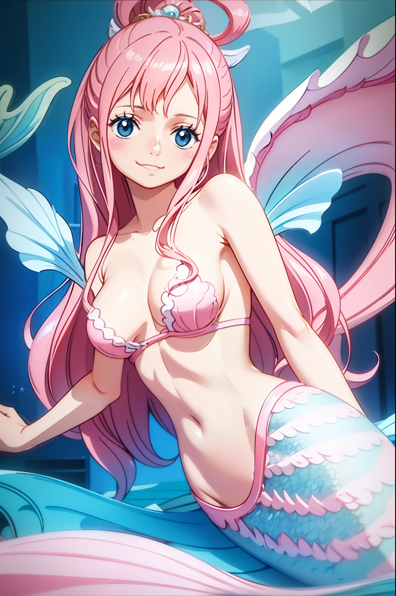tmasterpiece,best qualtiy,mermaids,A pink-haired,ssmile,Shells on the breast,Blue fish tail,Close-up shot