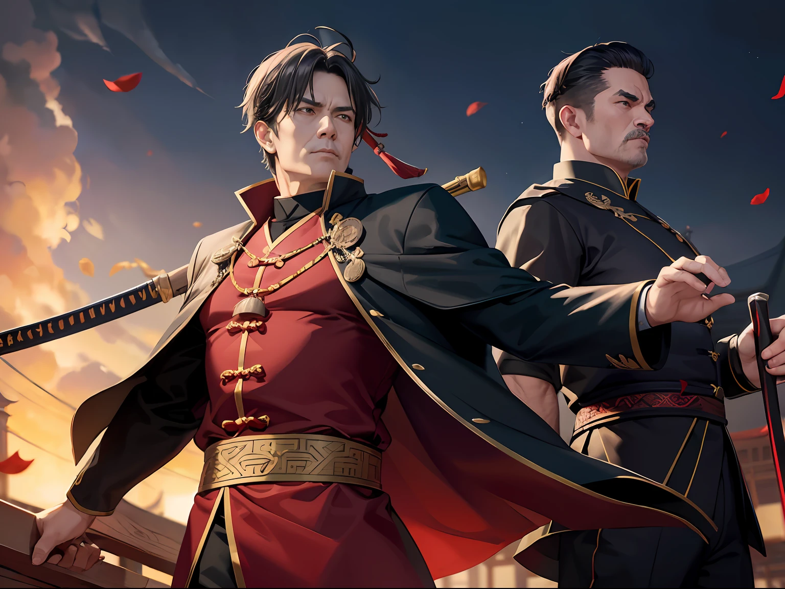 A middle-aged man wears a black Chinese Taoist uniform,The lining is burgundy,Wear a cape on his head,The hilt of the katana is held in the hand,Natural sagging, Go straight ahead,The background is an ancient Chinese tenon and tenon structure building