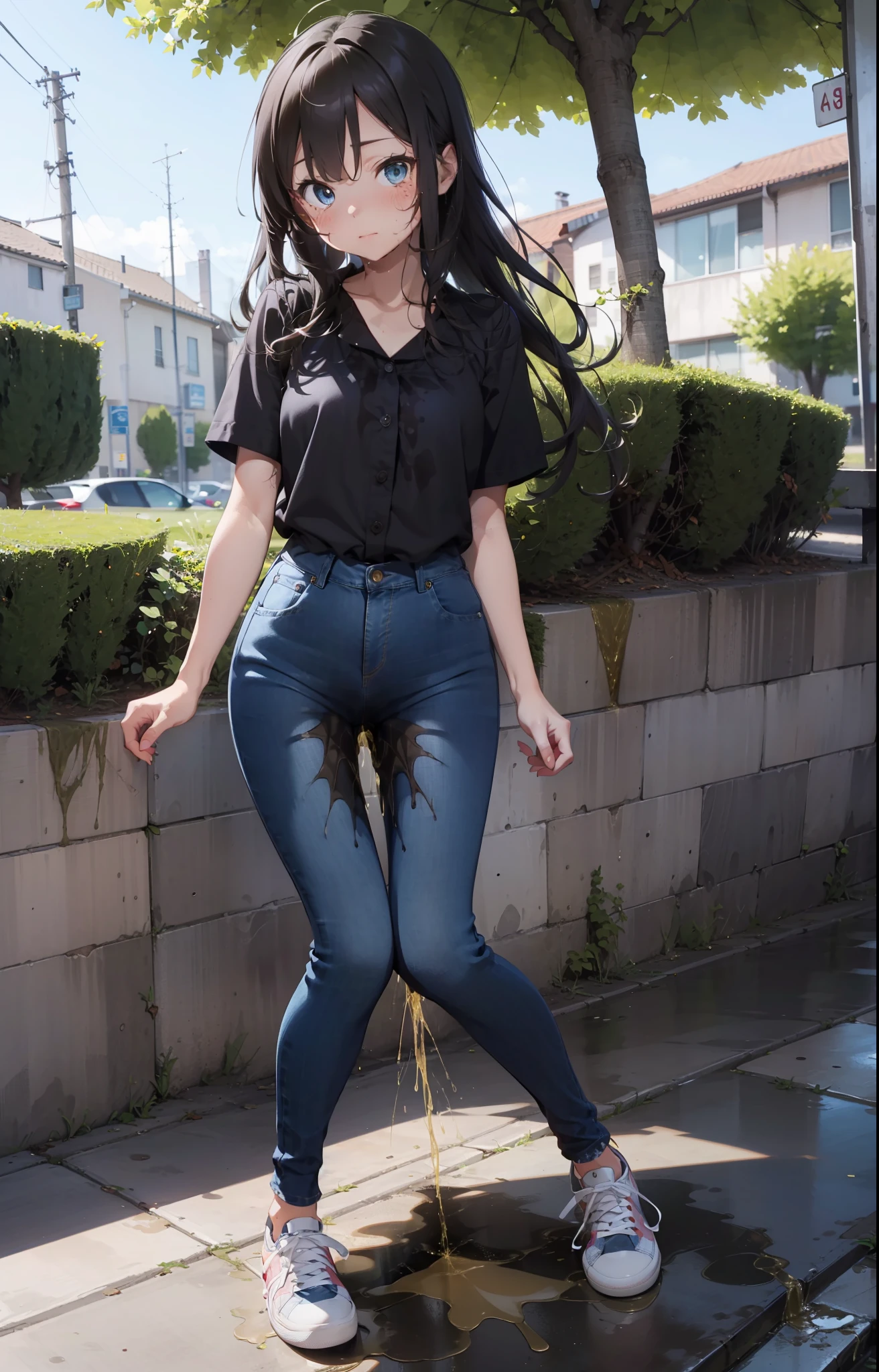 masterpiece, extremery magnificent view, perspective, extremery best quality, extremery detailed CG, 8k wallpaper, high resolution, highly detailed face, highly detailed eyes, perfect anatomy, super detailed skin,
(dynamic angle, dynamic pose:1.2), outdoors, park, tree and pond, (portrait, legs focus, full body), (beautiful face, beautiful eyes, beautiful legs:1.3), ((((((pee stain)))))), blush, worried,
1 girl, solo, (black blouse, blue jeans pants:1.3), (skinny jeans:1.3), short sleeves, medium breasts, brown hair, long hair, floating hair, straight hair, open forehead, (gray sneakers), blue eyes, skinny, slender, wide hips, thin waist