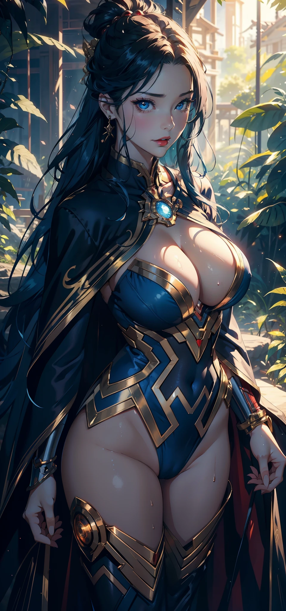 1female，35yo，熟妇，Slim，Tall，gigantic cleavage breasts，Big breasts Thin waist，slenderlegs，Pornographic exposure， 独奏，（Background with：ln the forest，the rainforest，in summer） She has long blue hair，standing on your feet，Sweat profusely，drenched all over the body，seen from the front， hair straight， mostly cloudy sky，（（（tmasterpiece），（Very detailed CG unity 8K wallpaper），best qualtiy，cinmatic lighting，detailed back ground，beatiful detailed eyes，Bright pupils，blue color eyes，Redlip（Very fine and beautiful），（Beautiful and detailed eye description），ultra - detailed，tmasterpiece，）），facing at camera，A high resolution，ultra - detailed），revealing breasts，Bare genitalia， Lower body elevation，Raised sexy，Camel toes，Flushed complexion，Open-mouthed，frontage，Gold Saint Seiya，（Wearing：Iron Man uniform，Sex shorts，Cloak），