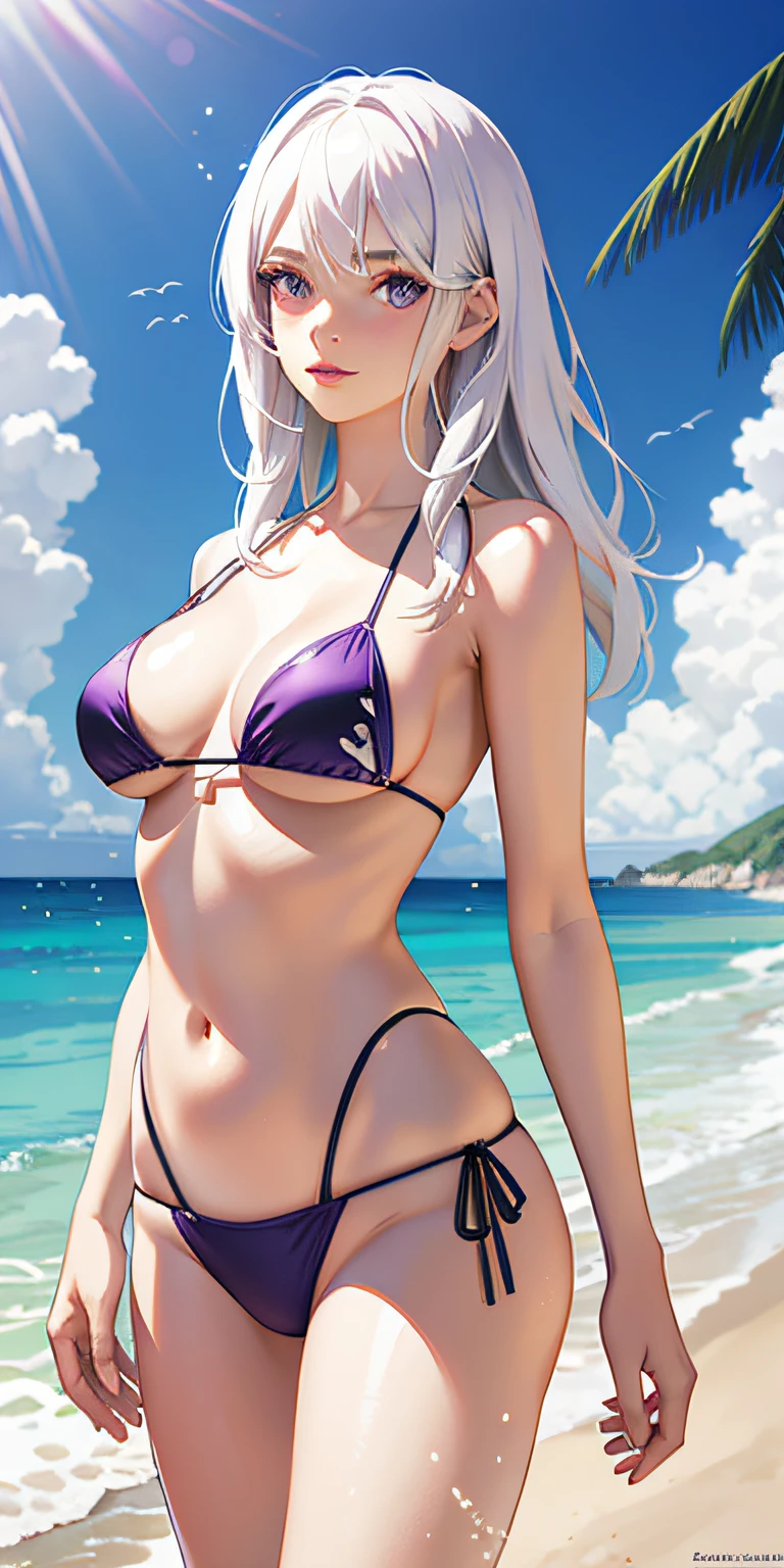 realistic, 1girl, white hair, purple eyes, bikini, beach, light particles, light rays, wallpaper,