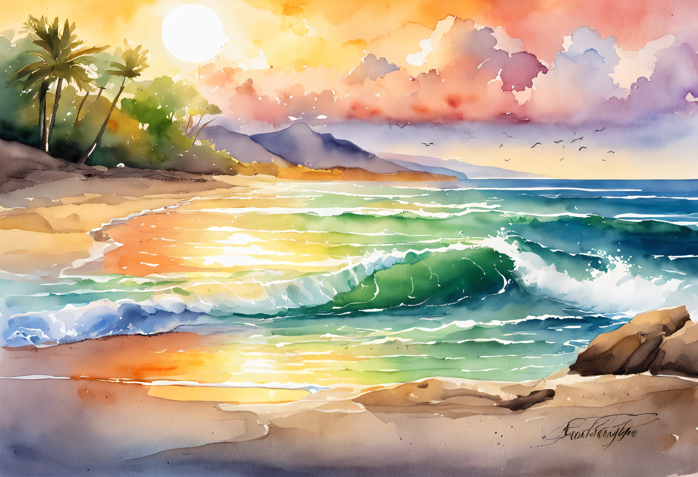 Pixar-style minimalist vector image of a beautiful island sunrise, an open beach with small waves crashing softly on the beach, open view of a calm emerald ocean, the sun just breaks the horizon with rays of rainbow colors softly filling the sky