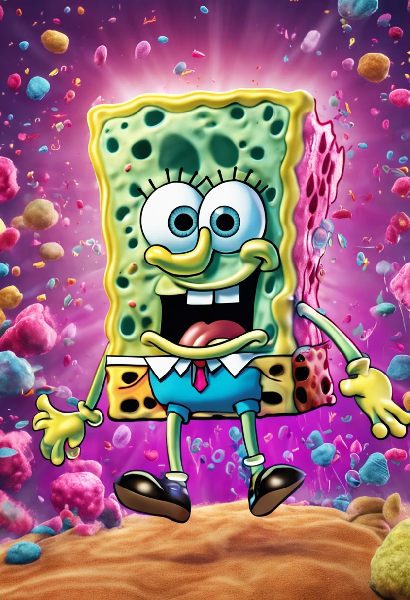 crie um personagem do bob esponja pulando e comemorando