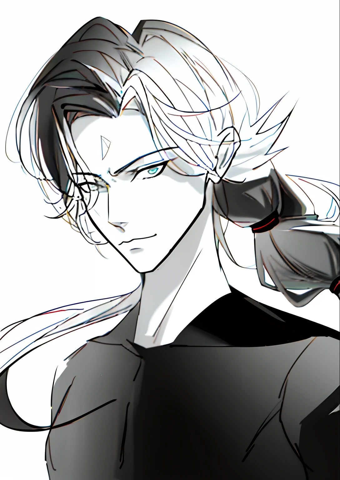 A painting of a man with long hair tied in a ponytail, Beautiful prince, clean lineart, clean anime outlines, Delicate androgynous prince, perfect lineart, Clean line art, intense line art, Detailed anime soft face, Simple lines of art, Hermaphroditic face, attractive androgynous humanoid, thick black lineart, linear art