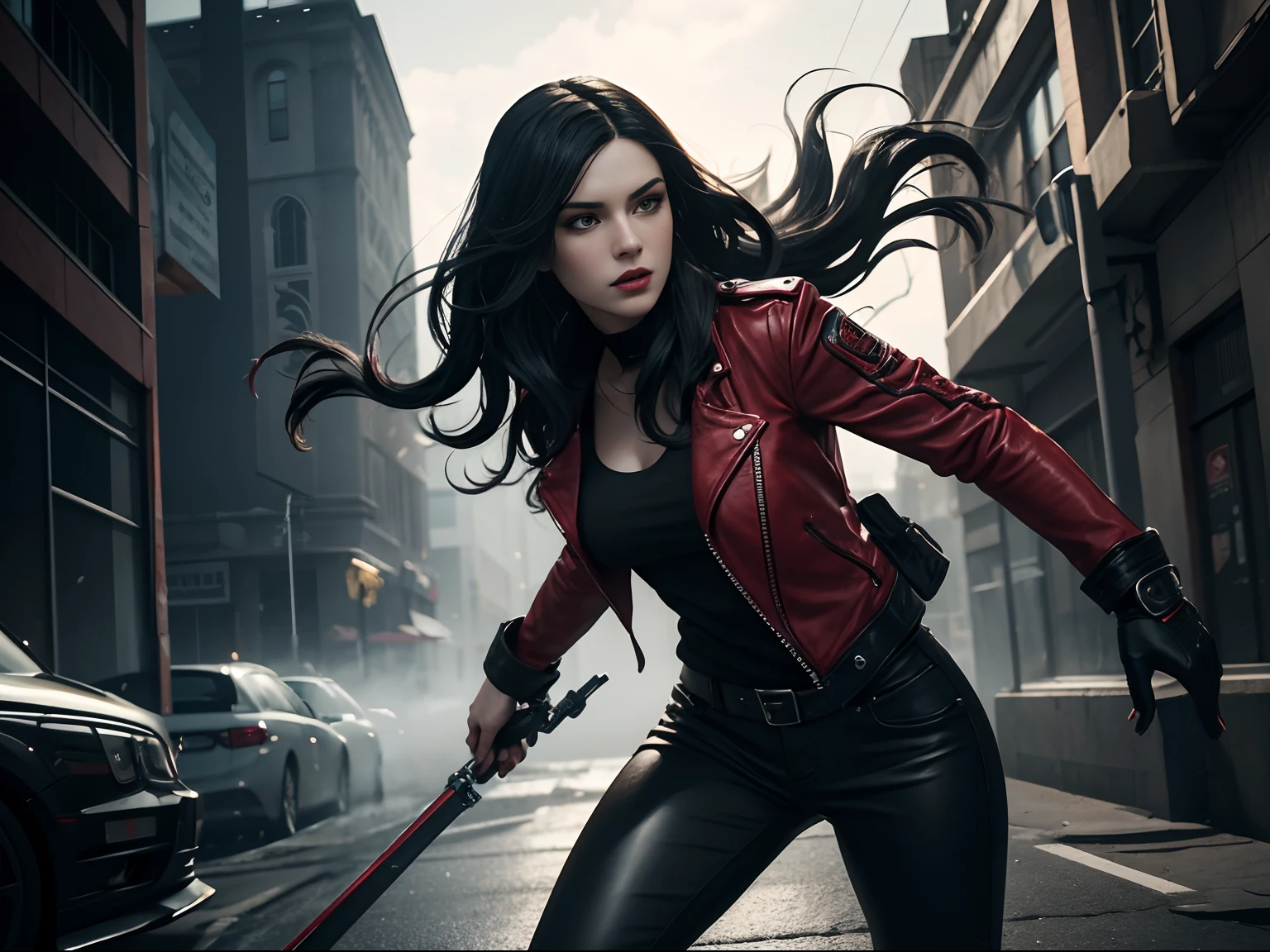 a beautiful 25 years old British female vampire mercenary, with bob wavy black hair, pale skin, wearing red leather jacket and black tight pants, splash art style, battle ready pose, dynamic angle shot, photo realism, volumetric lighting, intricate hand details, highly detailed, vibrant colors, cinematic, neoprene, featured on Unsplash, stylized digital art, 8k, trending on Artstation