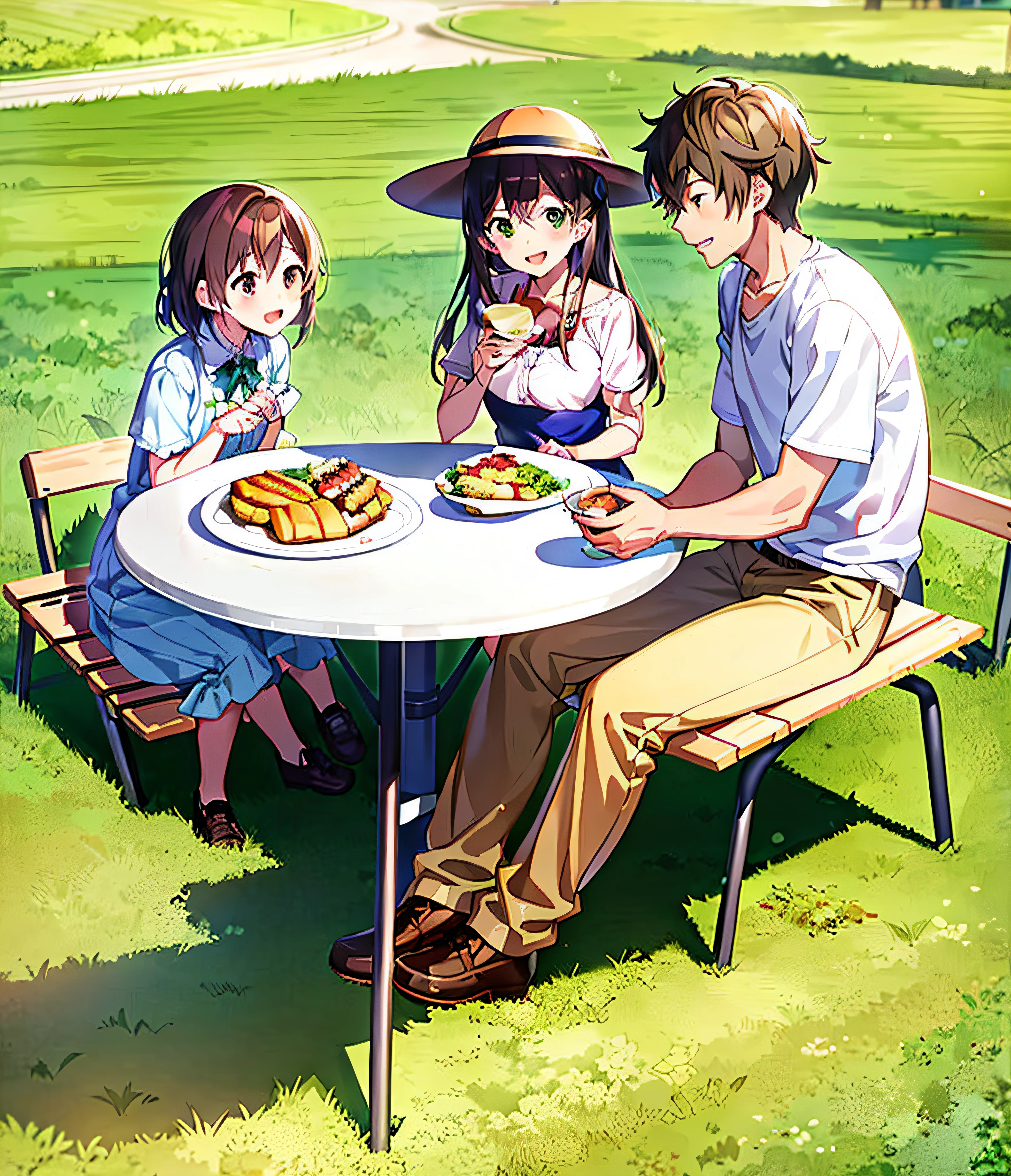 Anime picture of a family eating lunch on a park bench, slice of life anime, having picnic, Makoto Shinkai and Artgerm, sakimichan and makoto shinkai, ( ( Makoto Shinkai ) ), Guweiz e Makoto Shinkai, eating outside, makoto shinkai art style, Makoto Shinkai!!