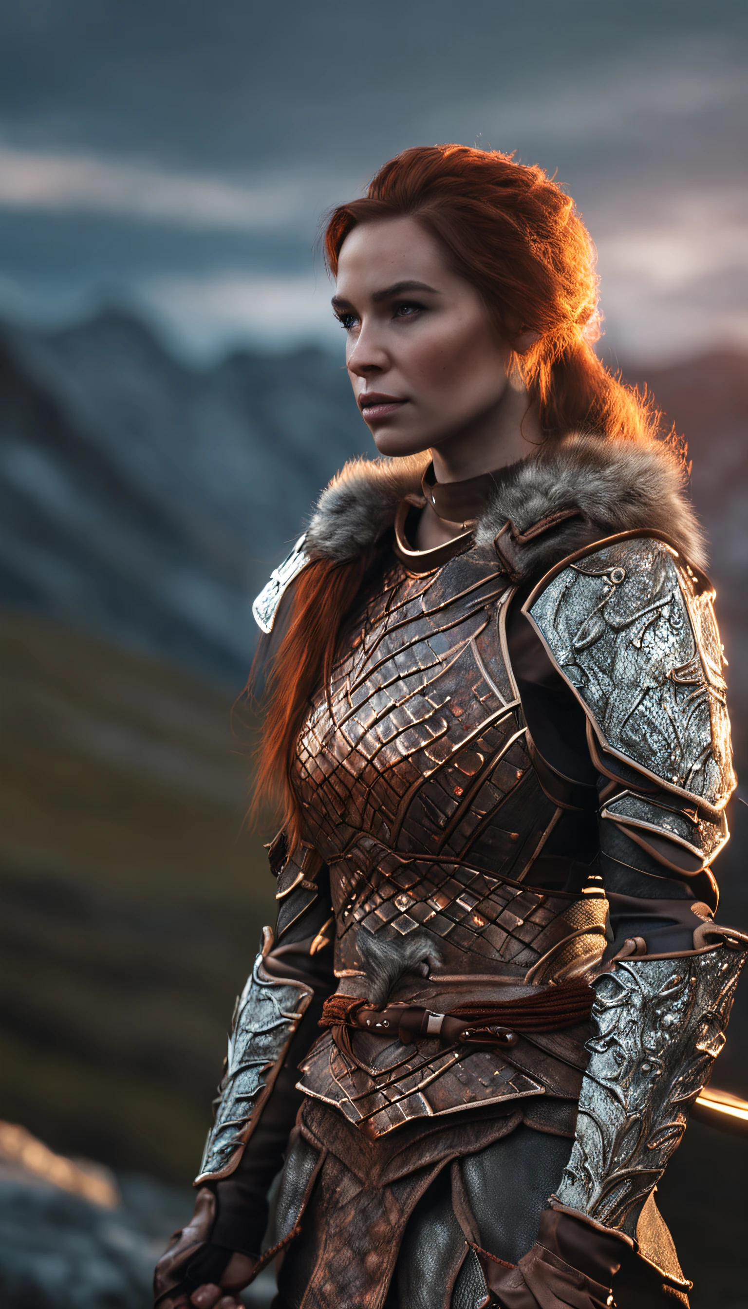 Beautiful SKS female warrior wearing Skyrim Dragon Scale Armor, Beautiful face,Glowing eyes,Hyperrealistic