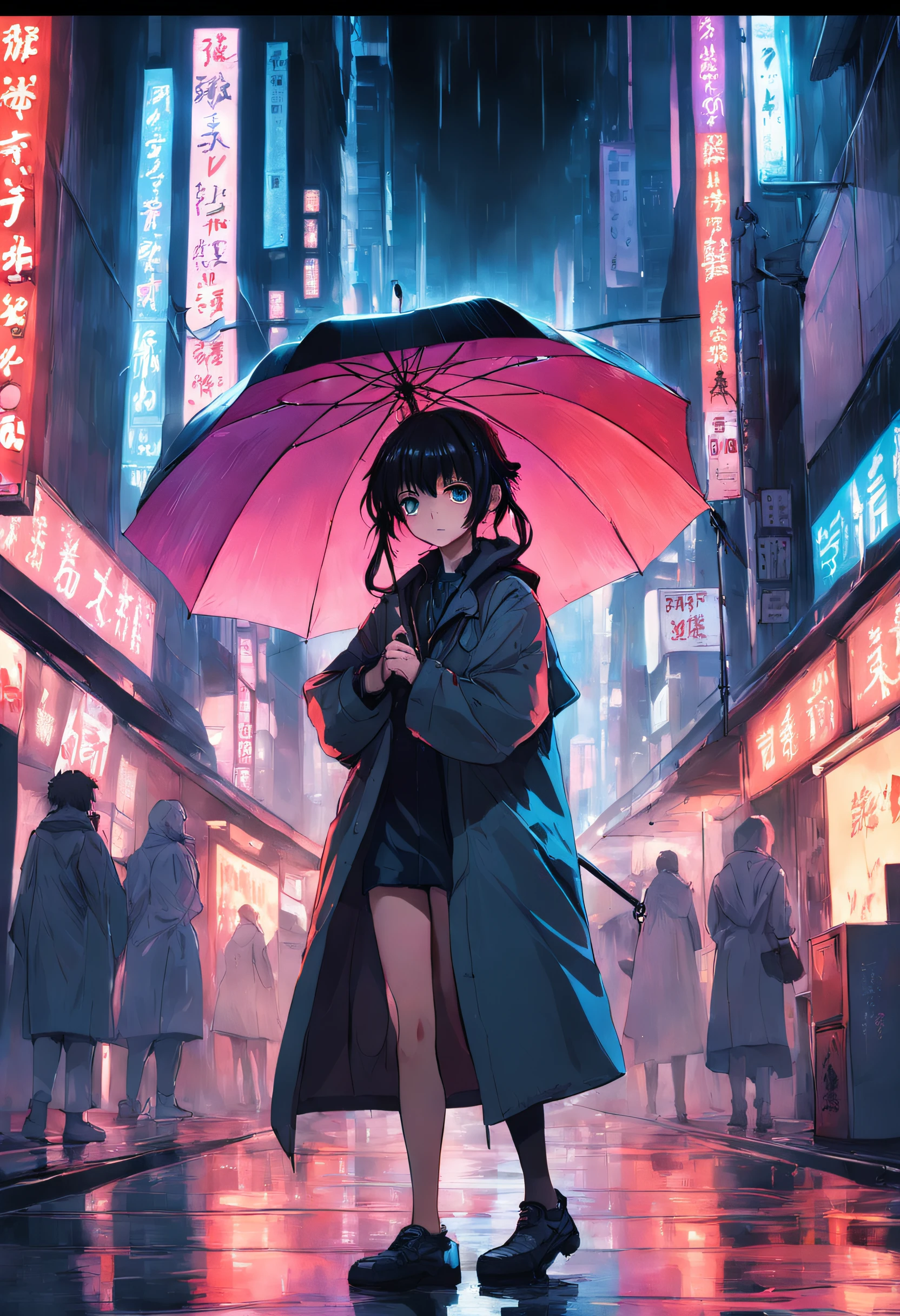 the night,orgy,holding a umbrella,byself,城市,cyber punk perssonage,smog,coat large,Earphone,the street,exteriors,neonlight,smog