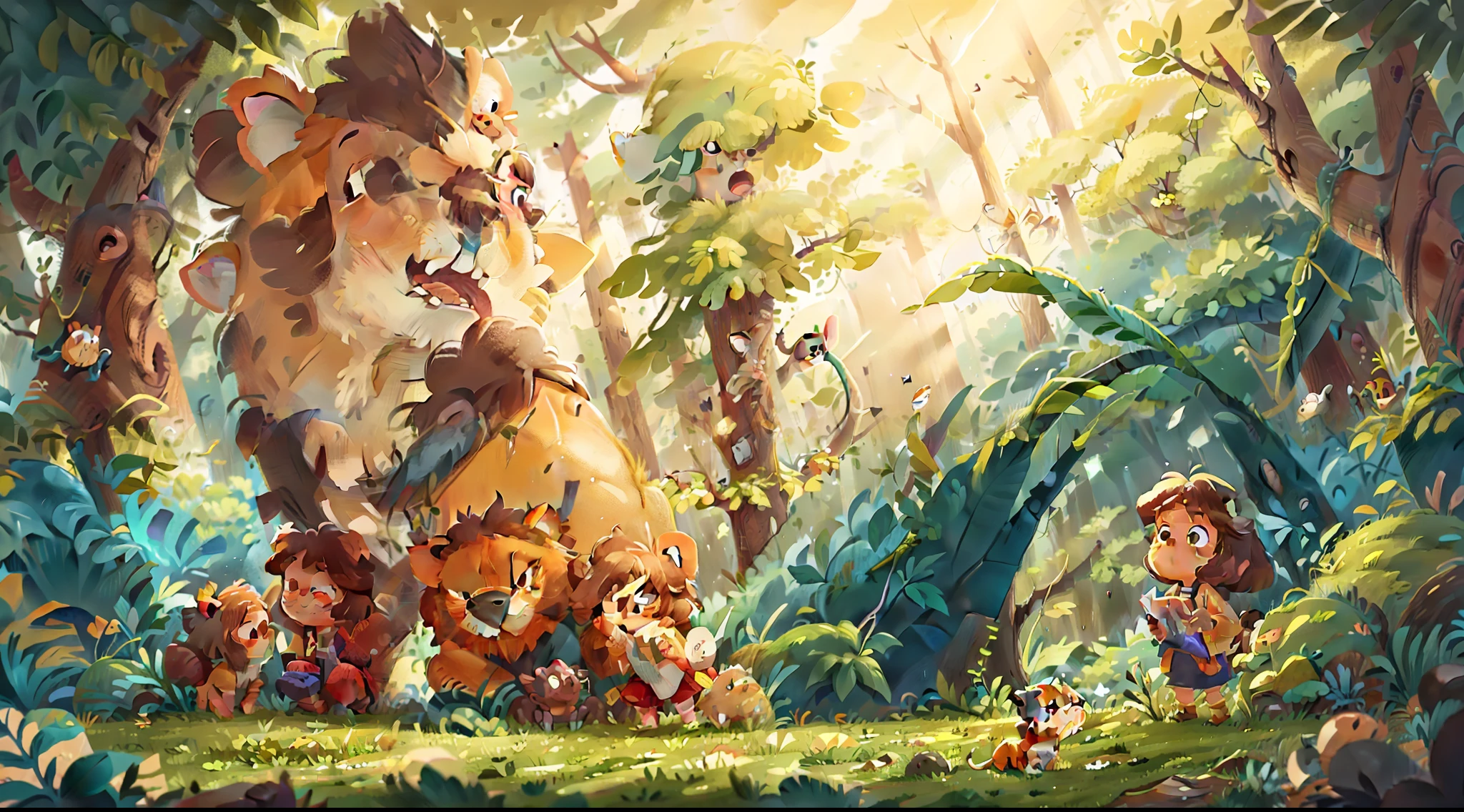 lion in beautiful steppe, Looking at the forest in the distance, Show a curious and excited look。Children's picture books, Surrealism, Action painting, anime