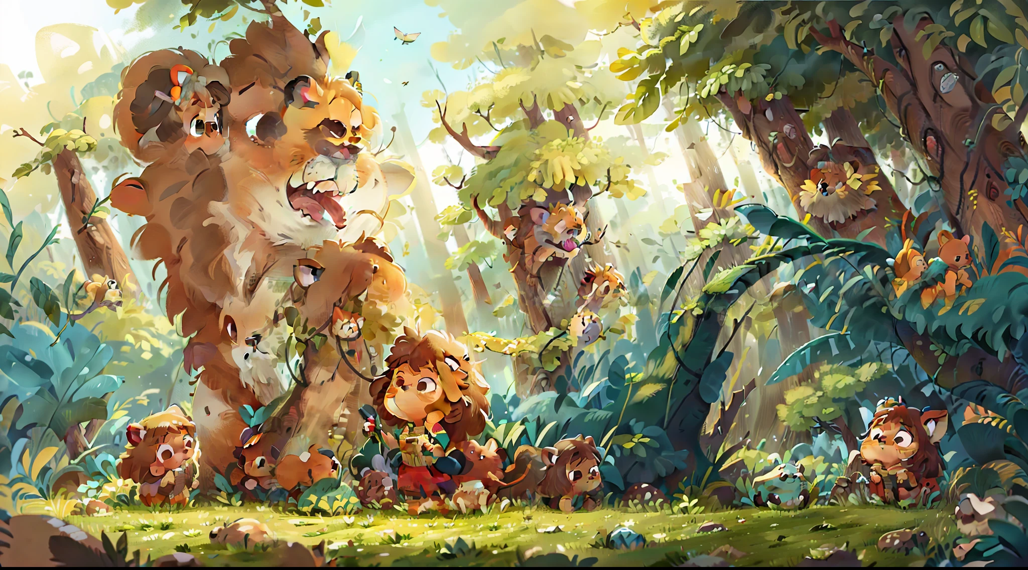 Little lion in beautiful steppe, Looking at the forest in the distance, Show a curious and excited look。Children's picture books, Surrealism, Action painting, anime