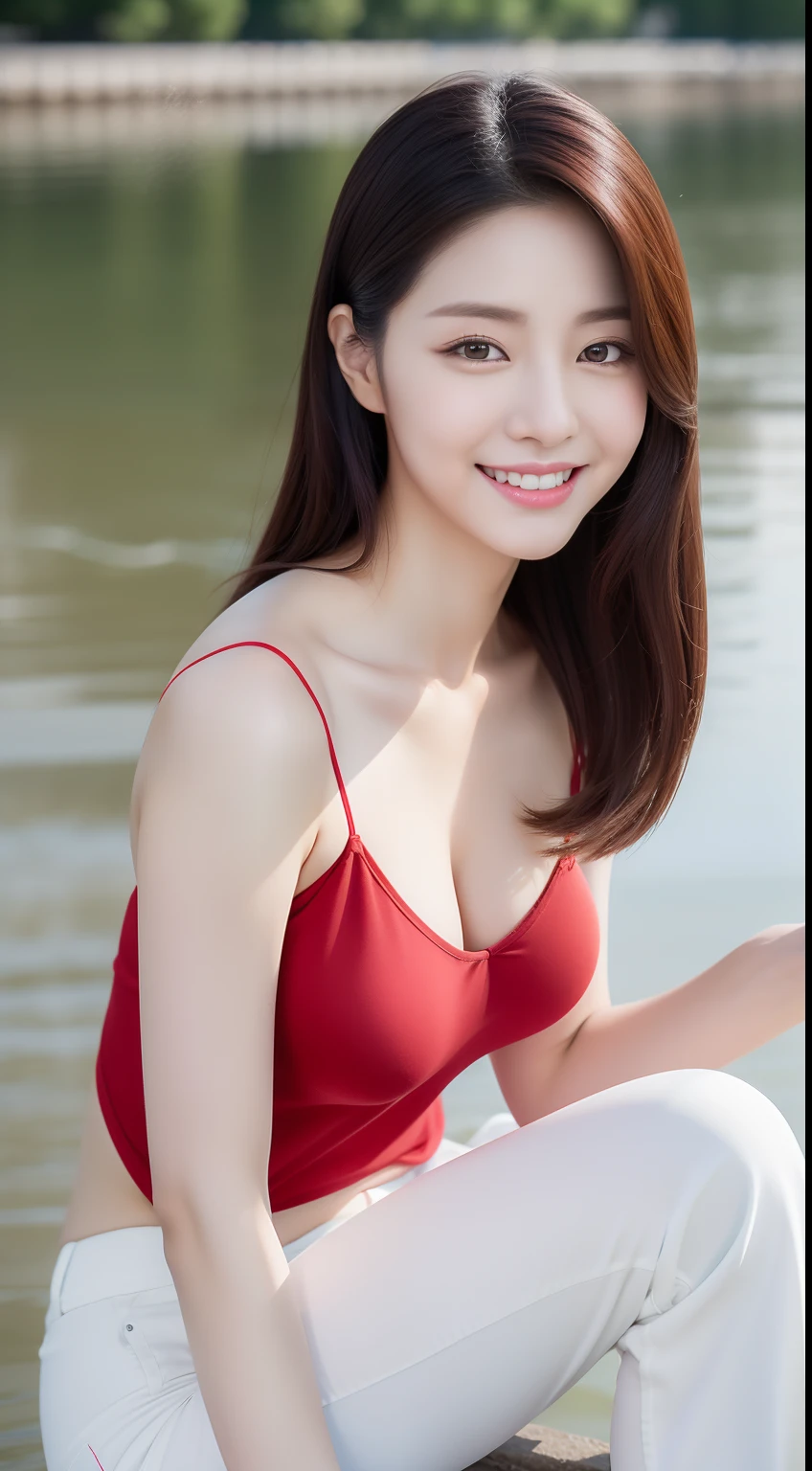 1 girl, Asian model, extremely beautiful, perfect body, wearing a beautiful bikini. Photo taken with Canon EOS R5 85mm f/11 camera, ((sharp)) mode of people and surrounding scenery. Image quality ((8K)), ((realistic)), ((masterpiece)), ((sharpest and highest contrast)), ((excellent depth of field)), ((stereoscopic light)), ((high-end cosmetic makeup)), ((bright, bright smile)), ((shiny shiny red lipstick)), ((ivory, bright white skin)), detailed pores, ((shiny skin)), ((direct light on the face)), bright sunlight, ((birthday cake)), ((bright smile)), ((partially exposed breasts)), ((big butt))