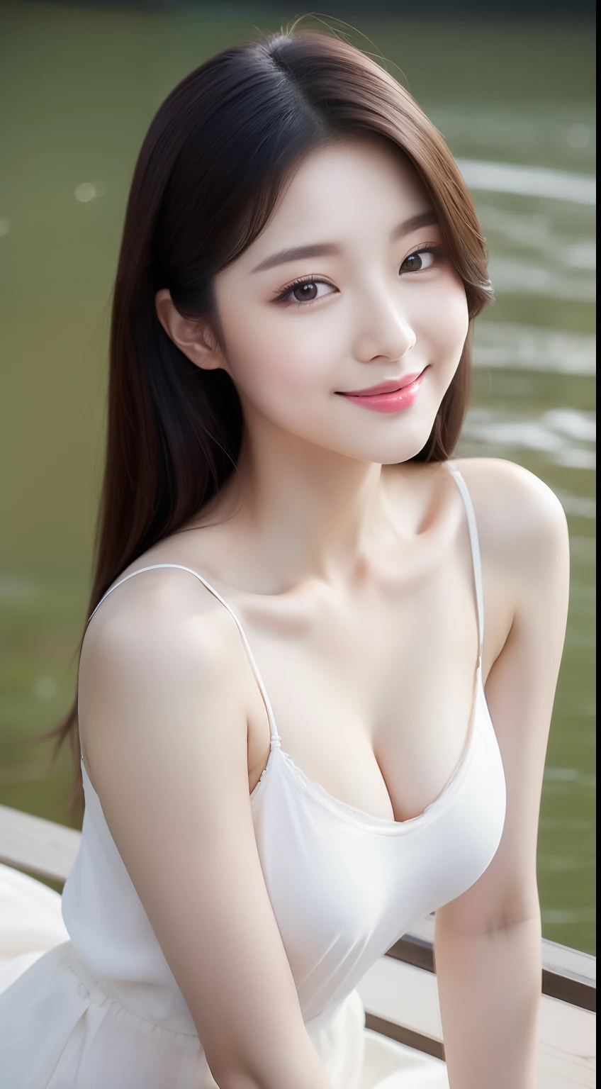 realistic photos of 1 cute Korean star, hair strand, red eyes, white skin, thin makeup, 32 inch breasts size, slightly smile, wearing camisole, pants, sitting at river front, close-up, f/2.8, Canon, 35mm, UHD