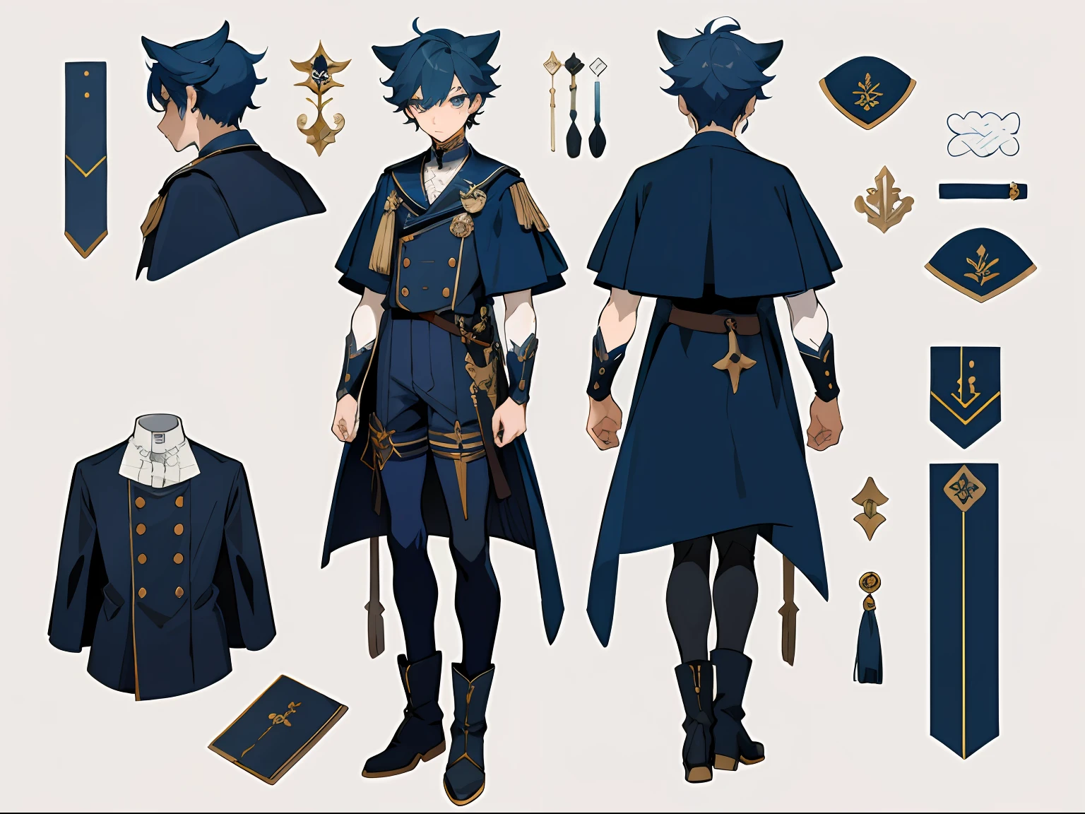 [ character design ], male character, character adoptable, fullbody commission for, full body character design, interesting character design, very stylized character design, full body adoptable, full character design, high quality character design, detailed character design, stylized character design, detailed full body concept, character design art, great character design, concept art, character sheet, navy theme, shota, male, boy, sailor, water, maritime, cute style, ocean theme, dark blue, glowing eyes, highly detailed outfit, multiple views, back and front, outfit detail, short, shorts, badges, military cape, sailor hat, antique, mechanic, effeminate, lace, ruffles, detailed boots, garter belts, front and back view, short boy, anime boy, cute boy, accessories, animal companion, cute, detailed，People table，character sheets，Lots of items（The same person，beast ear，Many parts）frontage，Lateral face，on back），lovely boy simple backgound，white background：1.3, perfect face, detailed eyes, clear face