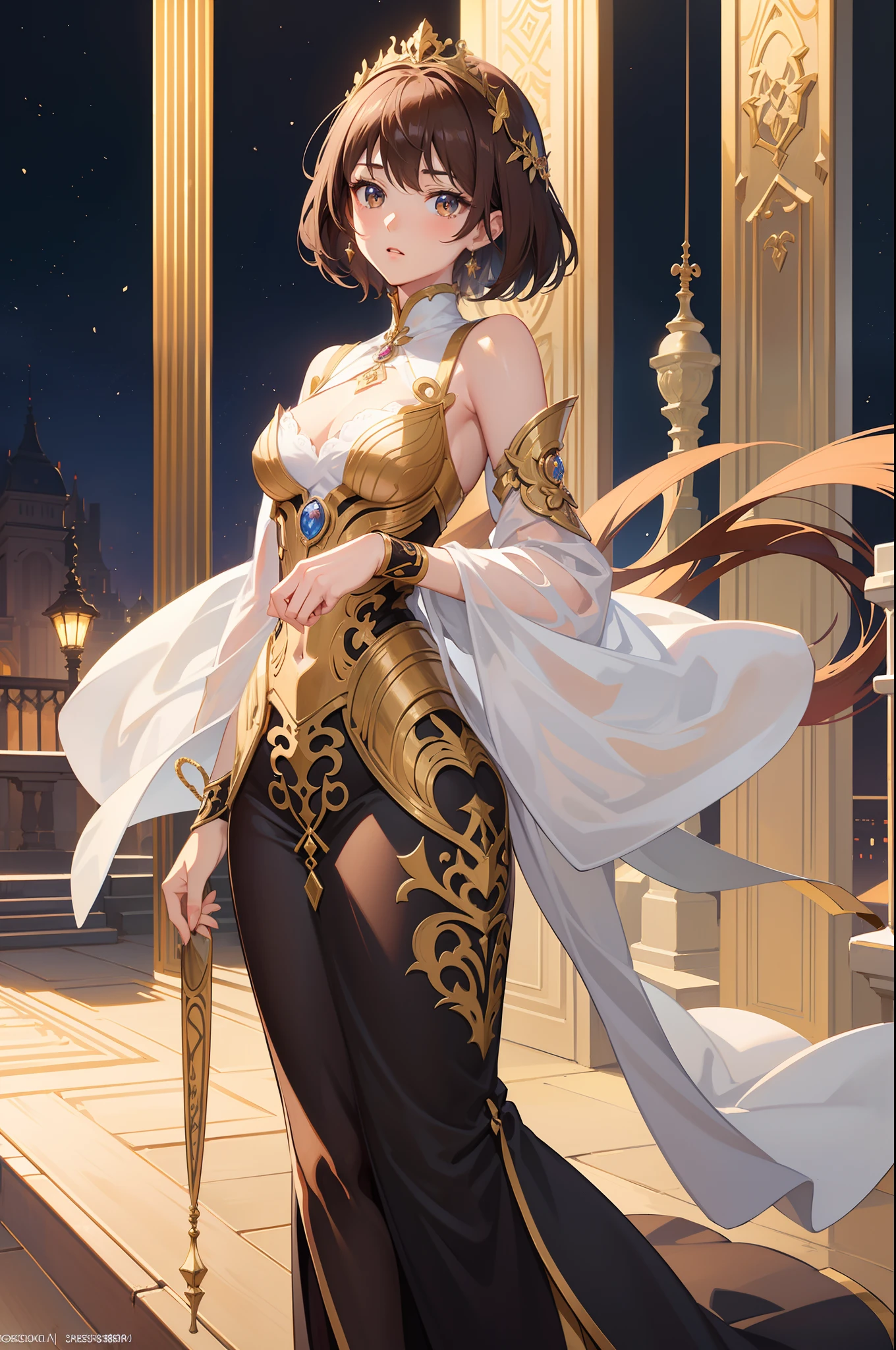 Official Art, Masterpiece European female face,elvish, short hair, chestnut brown hair , brown eyes , Flower Frame ,Decorative panel , jugendstil , (masterpiece、top-quality、hight resolution: 1.4),in 8K,color splashes、line-drawing、Fibonacci、Drawing of a woman with short chestnut brown hair and a crown, Anime Art Nouveau, Detailed Digital Anime Art, portrait knights of zodiac girl, highly detailed exquisite fanart, anime fantasy illustration, clean detailed anime art, detailed anime art, Sharp Focus, (Beautiful gorgeous cute woman:1.3), (Beautiful cute woman:1.3), Delicate Beautiful Hair and Eyes and Face, realisitic, ultra-detailliert, a beauty girl,A slender, Pretty breasts and buttocks、Dynamic hair、Detailed cestnut brown hair