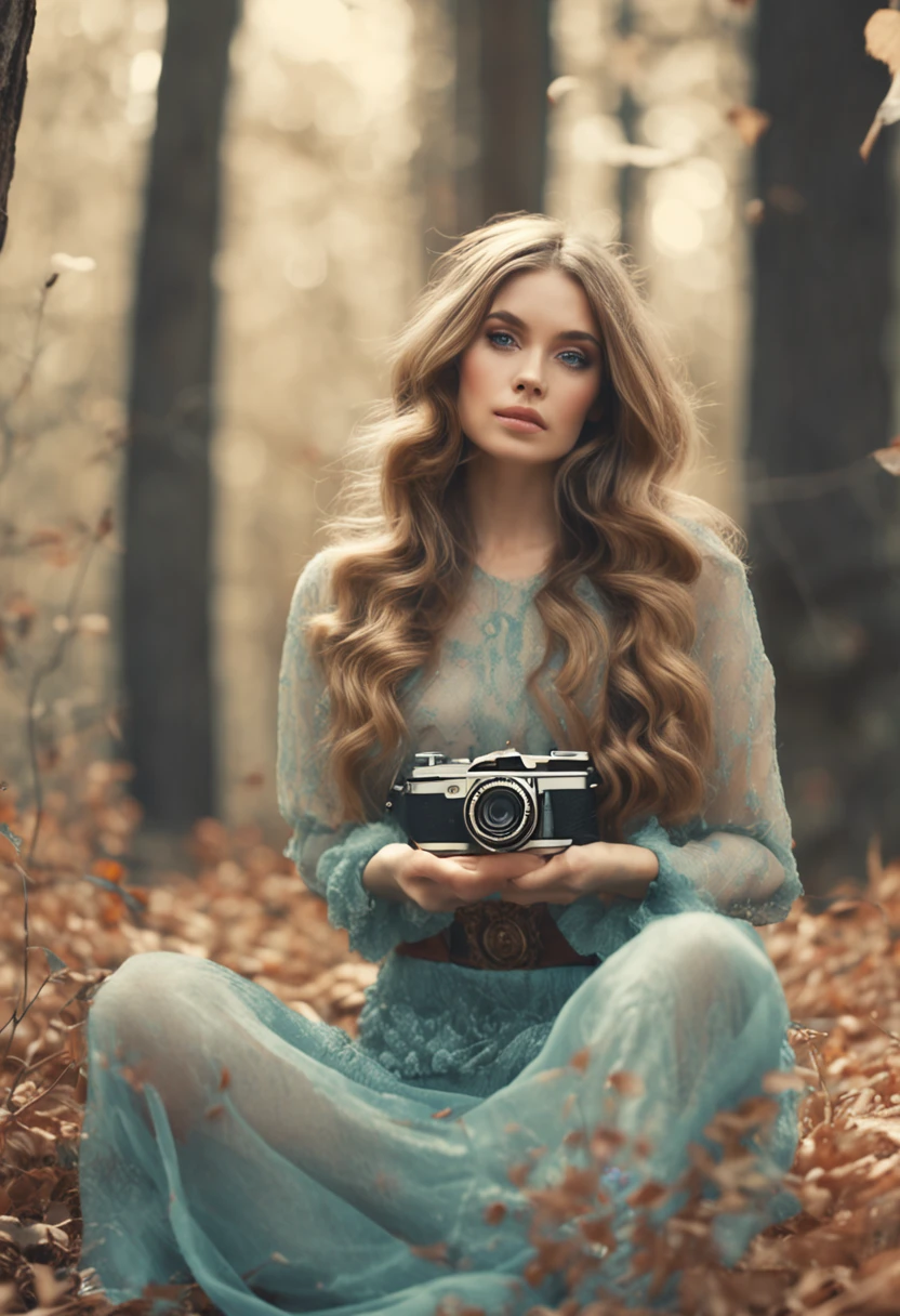 Sit in a luxurious palace、Beautiful blonde girl in her 20s with plump body, holding a professional vintage camera from the 80s, Glamour, Sitting on a log in a foggy forest, abundant dark hair, Bushy bangs, Beautiful blueeyes with glitter, Beautiful face with symmetry, Pretty and innocent face, heavy make-up、 Unadorned, Film grain, dreamy photo, Concept photo, Emotional Photography, film photography, photos realistic, realisitic, Sharp Focus, 14k, ighly detailed, cgsociety, ultra-definition, Very fine particles, Grain Filter