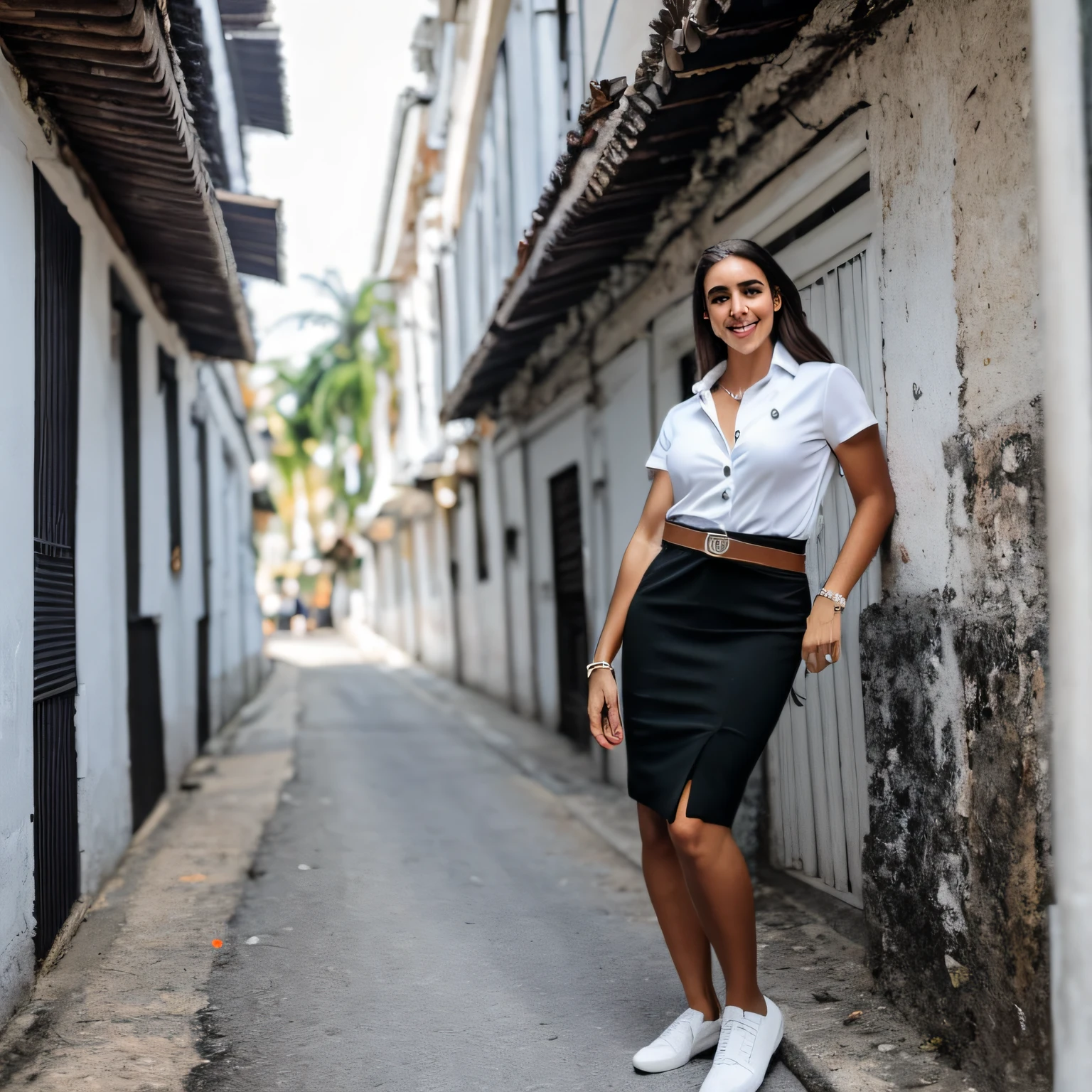 8k, stunning quality, high resolution, photo, 1 girl, (young beautiful photogenic brasil queen: 1.8), (sexy pose, see-through blouse), natural breast, (laugh smile:0.1), pencil skirt, white shirt short sleeves, belt, (thai alley background), light skin complexion, natural light, sharp focus, good aesthetic, leica q2,