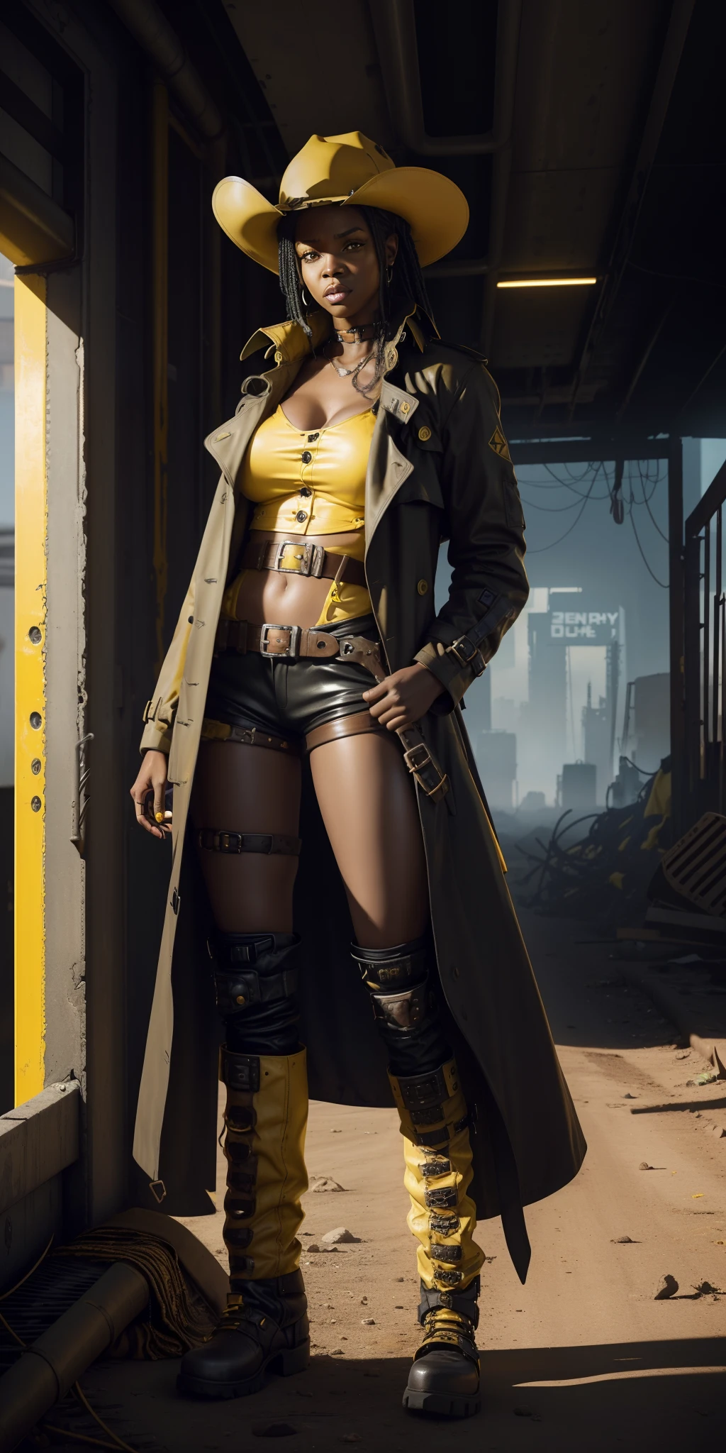 ((nsfw, A black woman with a yellow hat and trench coat)), In a post-apocalyptic setting, cyberpunk oeste selvagem, post - apocalyptic cowboy, postapocalyptic explorer, post-apocalyptic western style, roupa estilo cyberpunk, Post apocalyptic, cinematic full body shot, post apocalyptic attire, steampunk ocidental