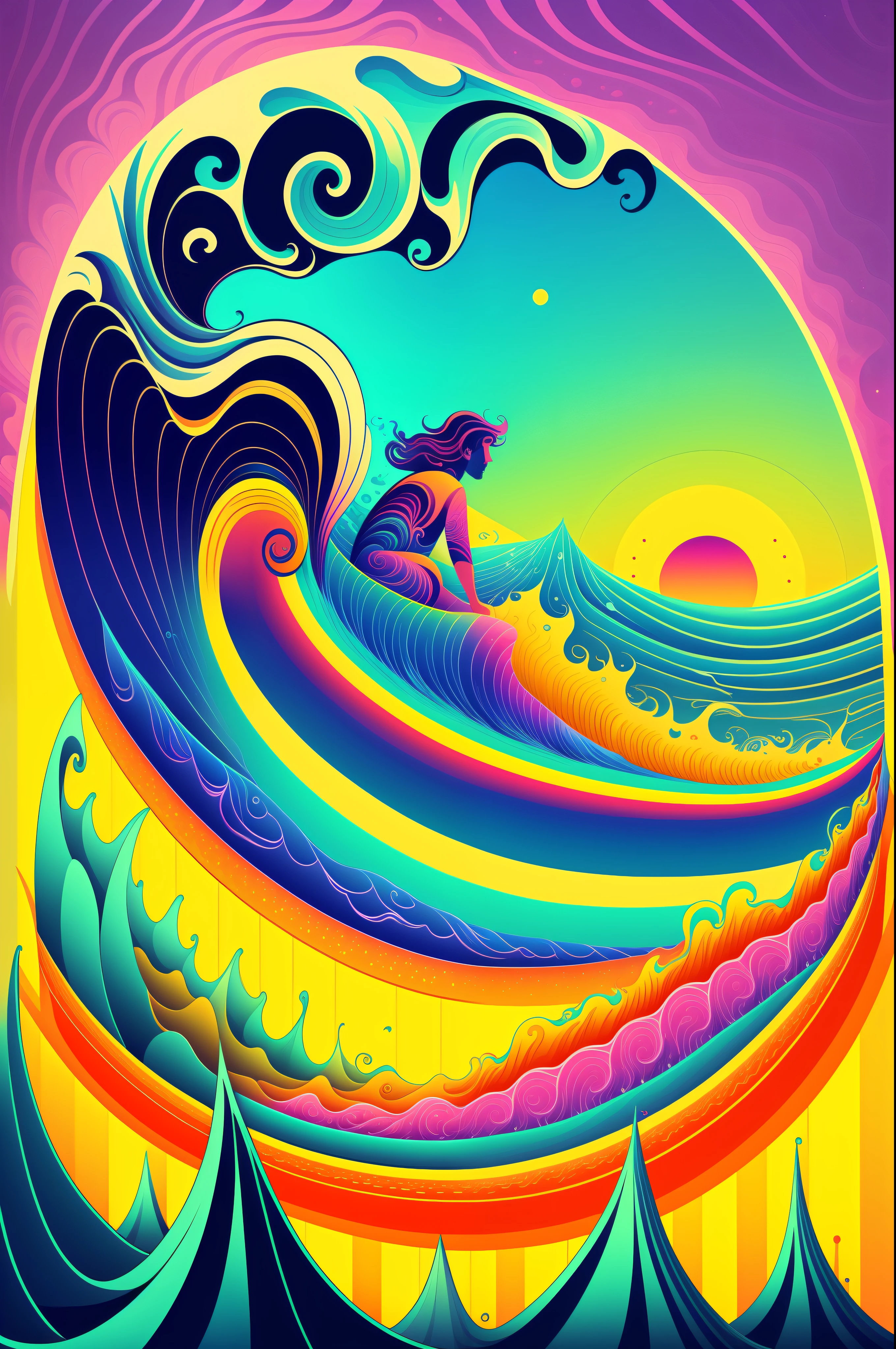 Create an illustration of a psychedelic surfer, Highlight the waves of the sea
