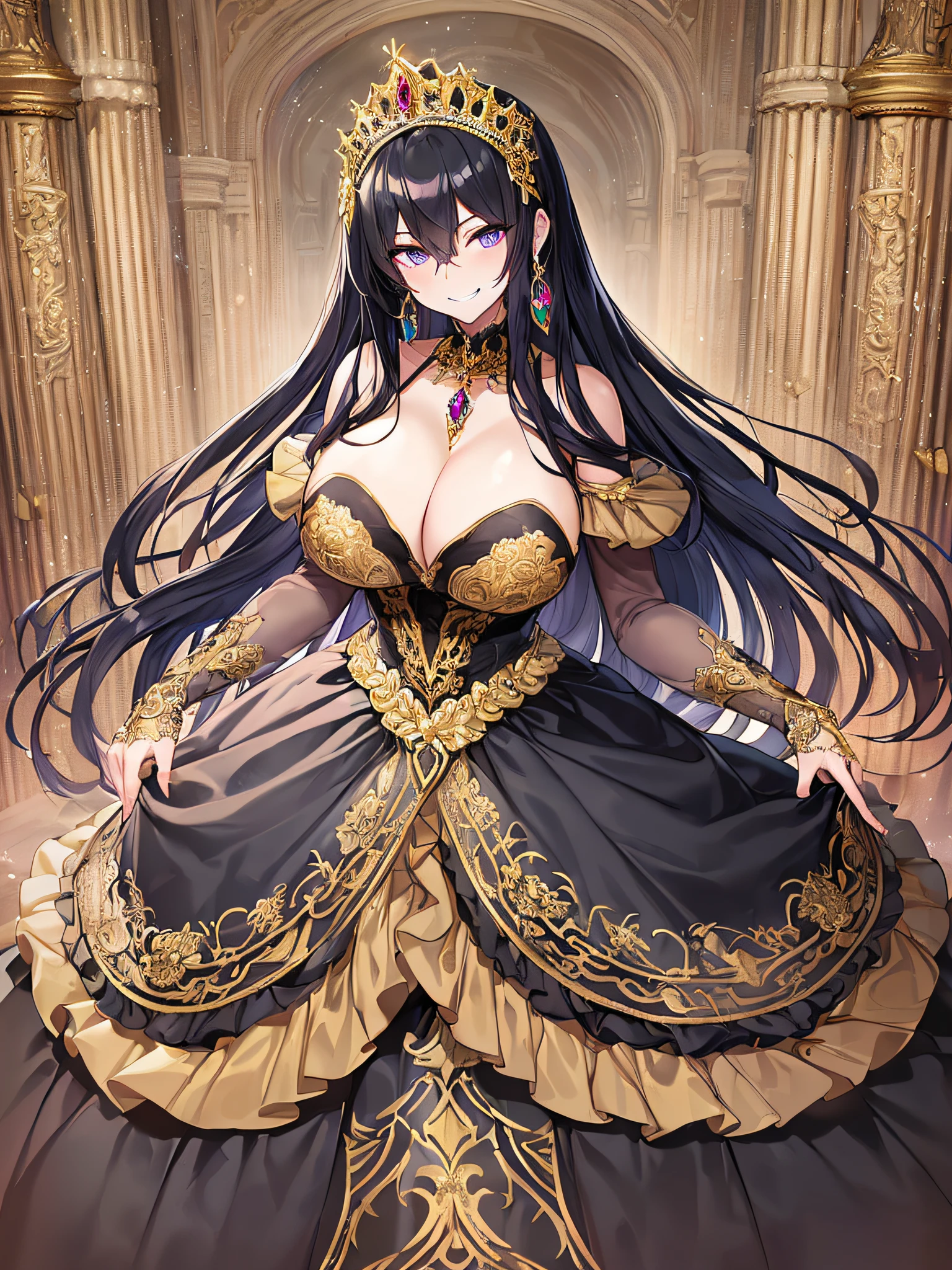 ((anime artstyle)),(Masterpiece),(Best Quality),(Super Detail),(Very Delicate and Beautiful),Solo,((full body,standing pose)),from above,standing in the royal palace,((1 arrogant BlingBling queen in black and gold gorgeous rococo ballgown with voluminous full length hoop skirt)),(crinoline),gorgeousfull embroidery,Long train,((arrogant,haughty)),(((arrogant smile))),Sharp eyes,((gorgeous gemstone jewelry)),detailed face and eyes,jewel-like eyes,Purple eyes,(Bangs between eyes),((large amount of straight hair,extremely Long voluminous black Hair)),((gigantic tits,Long tits)),gorgeousfull embroidery,cleavage,extremely gorgeousfull hair ornament,(bling-bling extremely gorgeousfull jeweled tiara),gorgeous corsage,(Dynamic Angle),Looking at viewer,((full body)),((black and gold gorgeous rococo ballgown with voluminous full length hoop skirt))