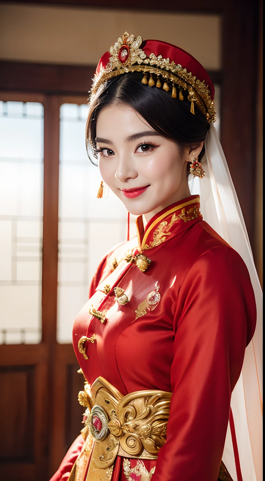(8k, RAW Photo, Best Quality, Masterpiece: 1.2), (Realistic, Realistic: 1.37), 1 Girl, Woman in Red Dress and Headdress Posing for Photo, Gorgeous Role Play, Beautiful Costume, Chinese Dress, Complex Dress, Complex Costume, Traditional Beauty, Gorgeous Chinese Model, Chinese Costume, Wearing Gorgeous Costume, Wearing Elegant Chinese Xiuhe Dress, Chinese Wedding Dress, Phoenix Crown Xia Hanging, Antique Bride, Xiuhe Costume, Close Up, Wearing Phoenix Crown, Smile, No Watermark, Dragon and phoenix embroidered dress