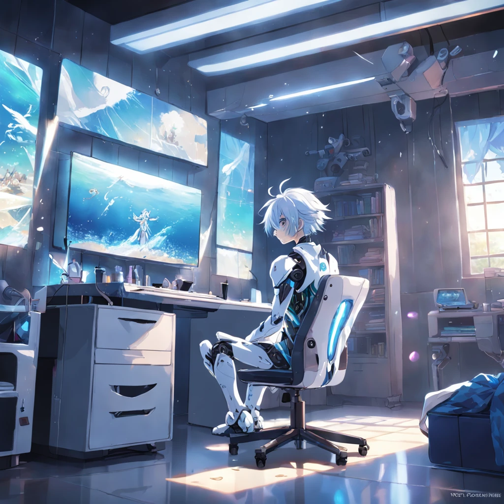 High quality backgrounds, Vtuber, Streaming screen, Men's room, cool, Robot on desk, bet, Ocean wind, Gaming Chair, Lattice window, Sunlight leaking from outside, White curtains, no person!!, 8k, top-quality