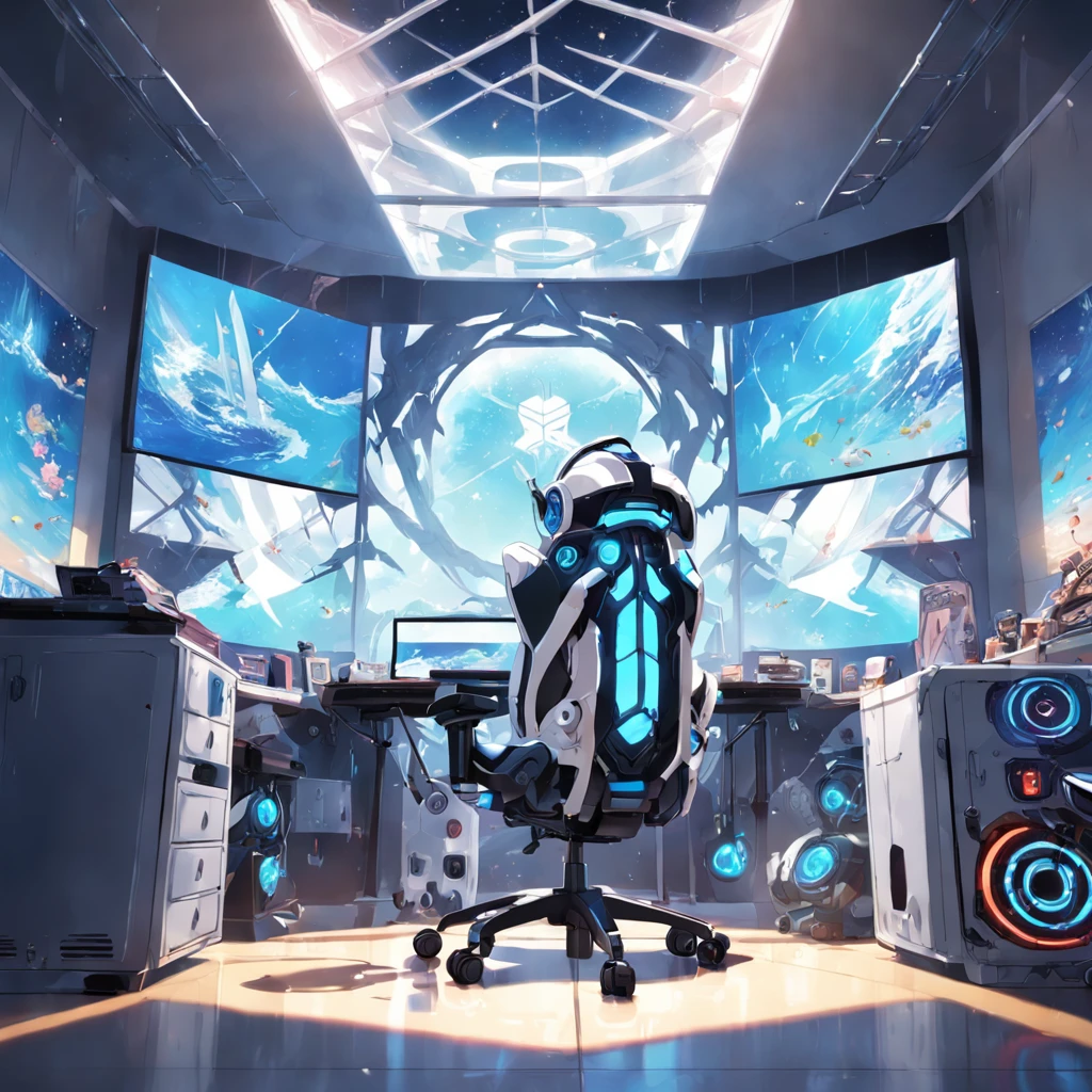 High quality backgrounds, Vtuber, Streaming screen, Men's room, cool, Robot on desk, bet, Ocean wind, Gaming Chair, Lattice window, Sunlight leaking from outside, White curtains, no person!!, 8k, top-quality