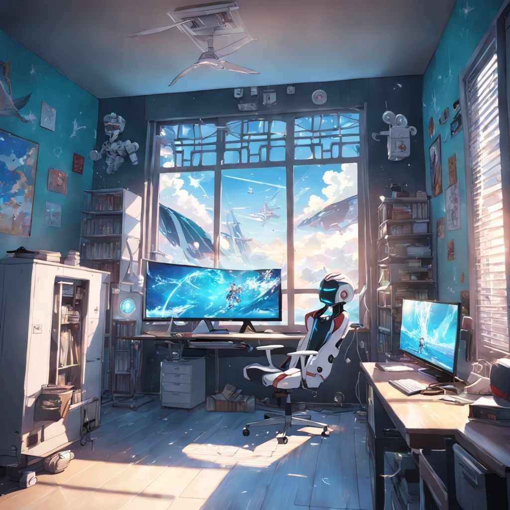 High quality backgrounds, Vtuber, Streaming screen, Men's room, cool, Robot on desk, bet, Ocean wind, Gaming Chair, Lattice window, Sunlight leaking from outside, White curtains, no person!!, 8k, top-quality