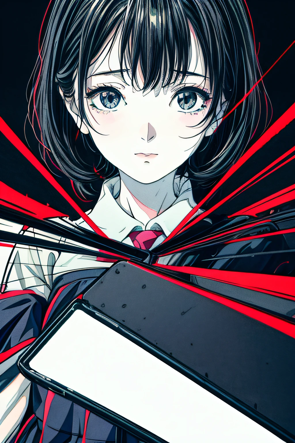Solo_girl_hi-school girl、japanese hight school uniform,actionpose、cheerfully、Overflowing、ink art、((top-quality、8K、​masterpiece:1.3))、(Clear focus:1.2)、(comic book style),(Pop),(linear art_Anime)、(PastelColors:1.2),((monotone_High Contrast Art:1.2))、flat chest、(the complex background:1.2),(Lola:add more details:1.2)、sharp outline、sharp lineart、Urban background、
