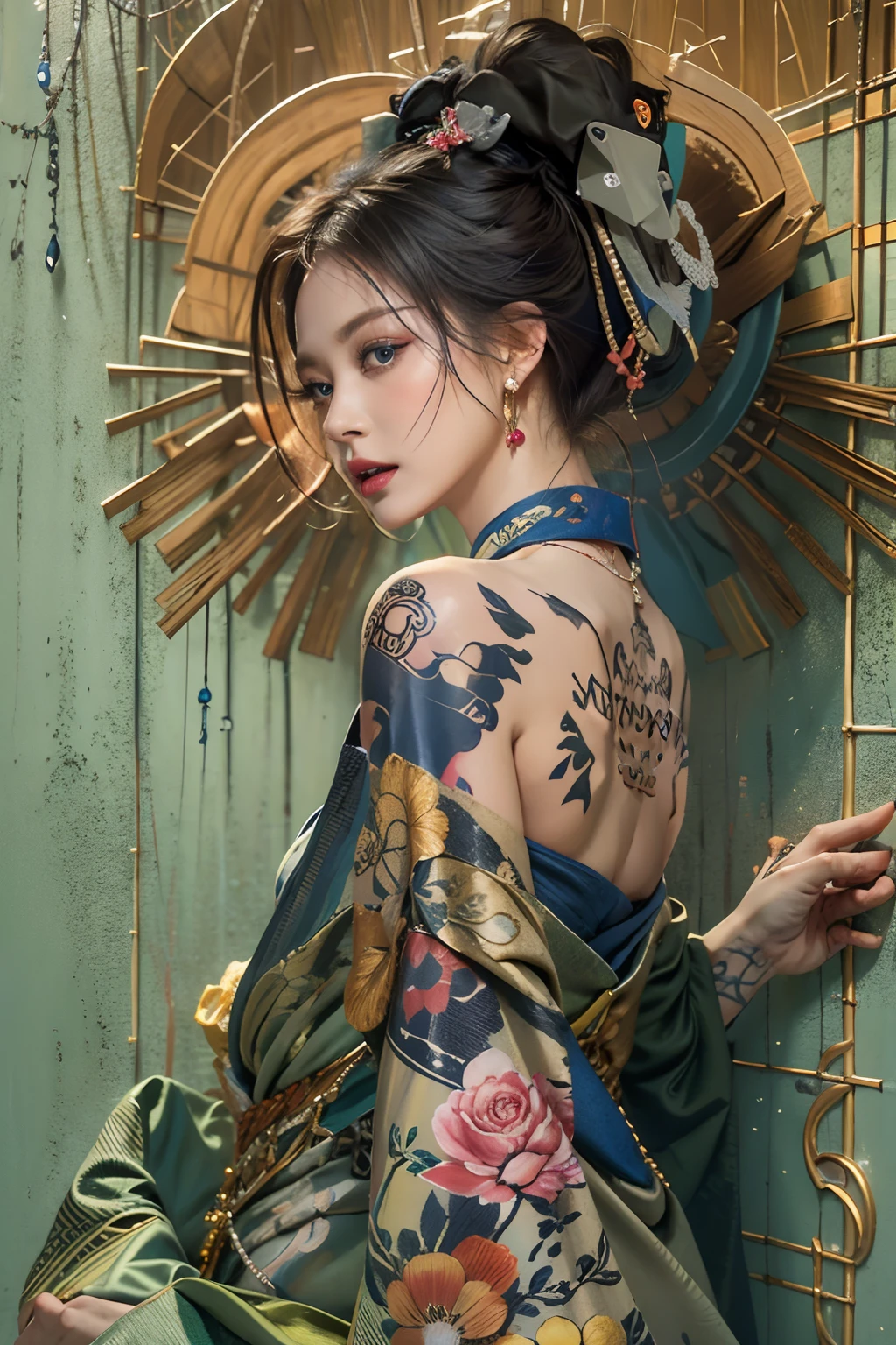 Photorealistic, High resolution, 1womanl, Solo, hips up high, look at viewr, (Detailed face), Kimono, The tattoo, Jewelry