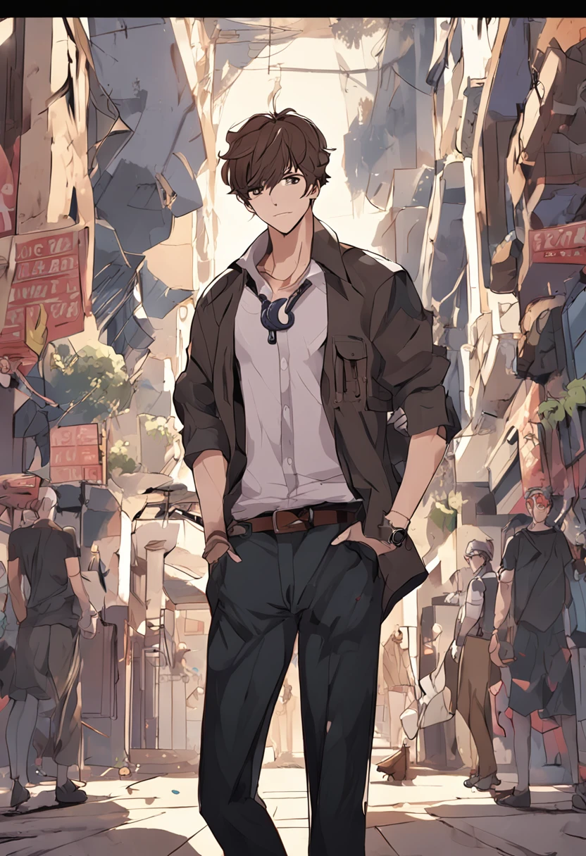 (masterpiece), best quality, expressive eyes, perfect face, male, brown hair, brown eyes, short hair, anime, up close, no background, black necklace, black bangle, piercing