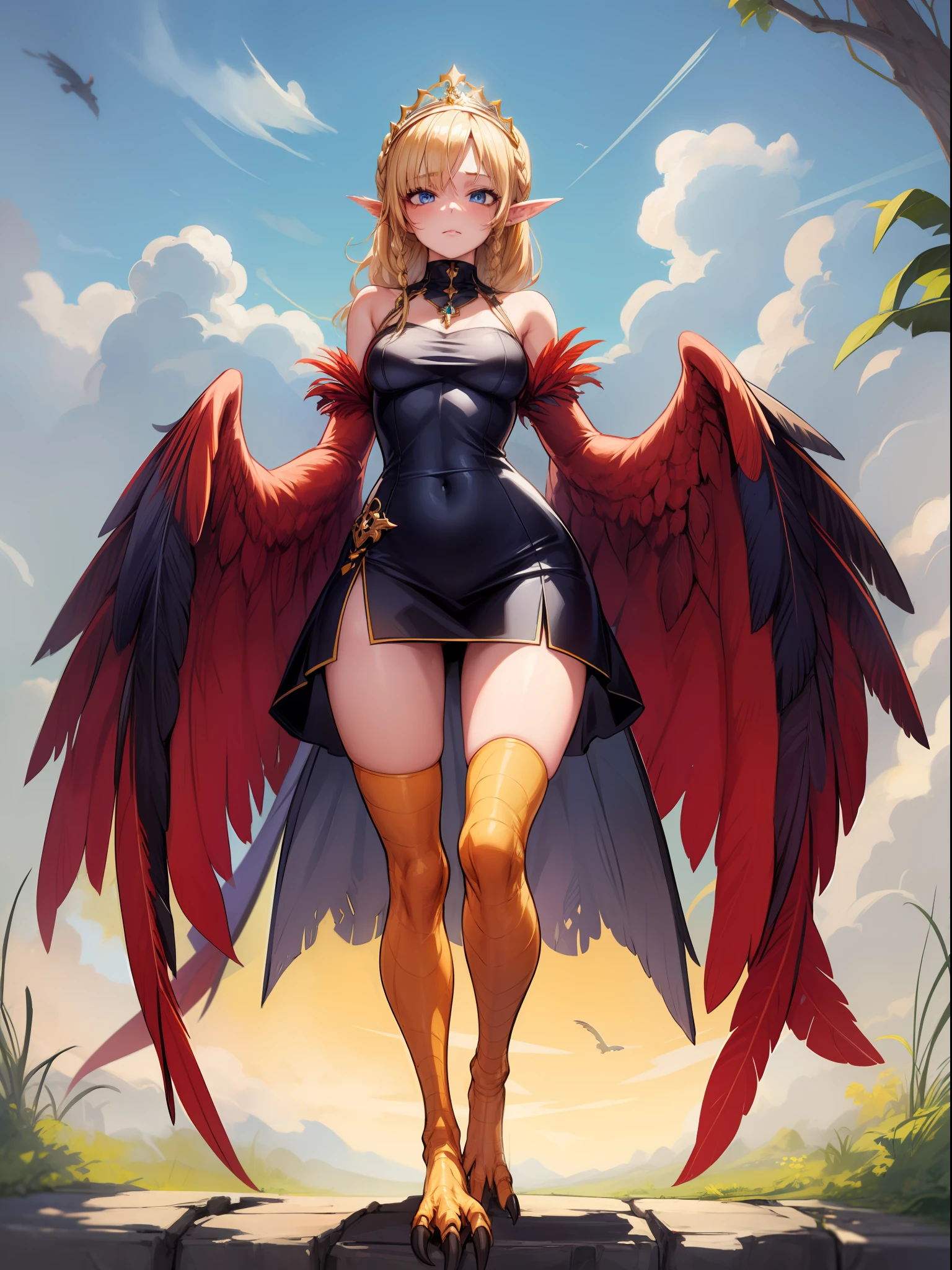 1girl,solo,harpy, standing,blond hair,braid, blue eyes, long hair,(red feathers),wing arms,bird legs, short dress, jewelry,tiara,castle