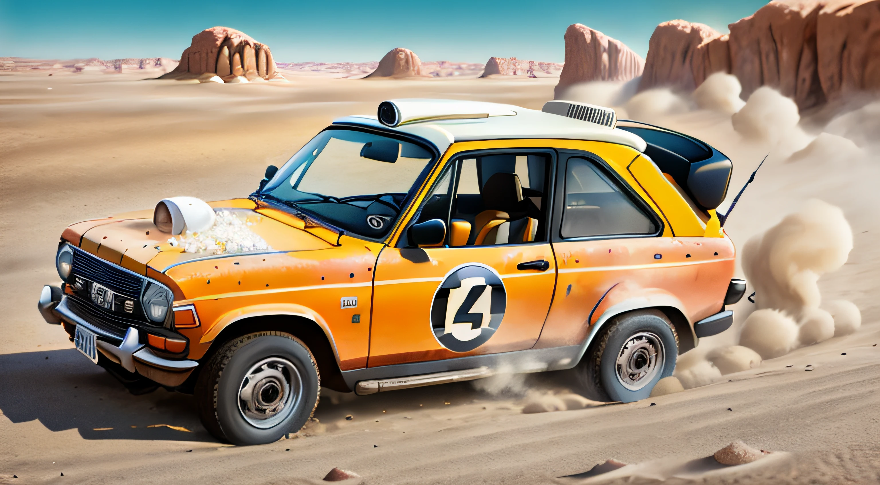 Voiture de rallye avec les yeux, Mouth and nose in the salt desert
