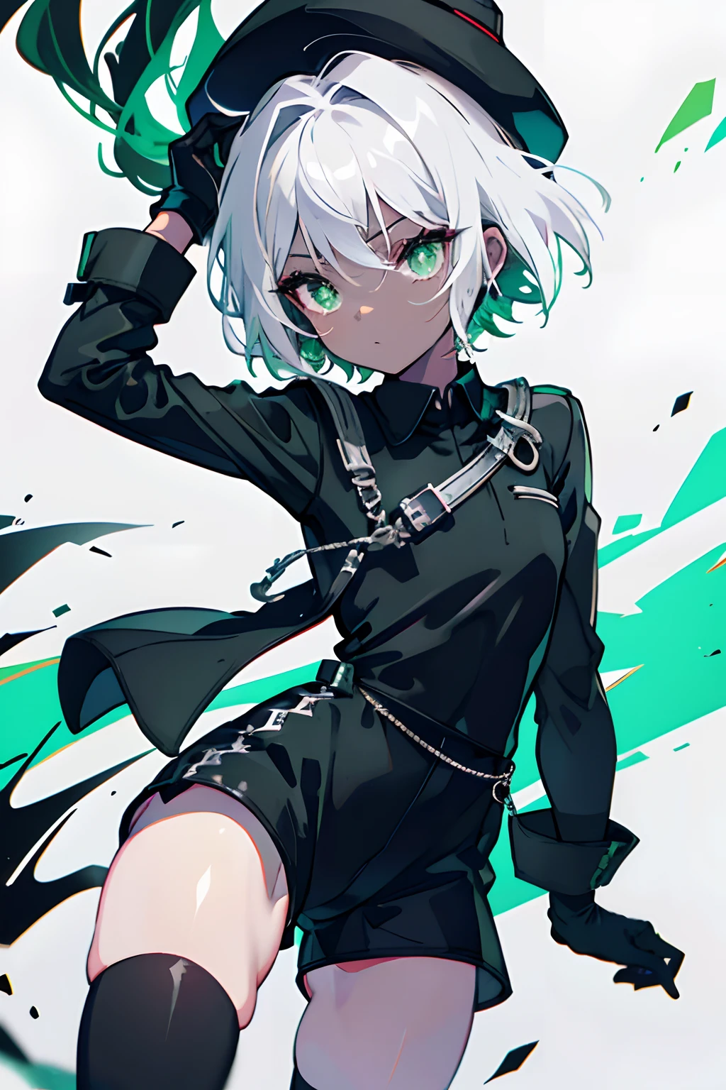 Black Skin, black, dark skin, white hair, white spiky hair, green eyes, short rompers, romper outfit, black and white clothing, flat hat, black gloves, green fire magic
