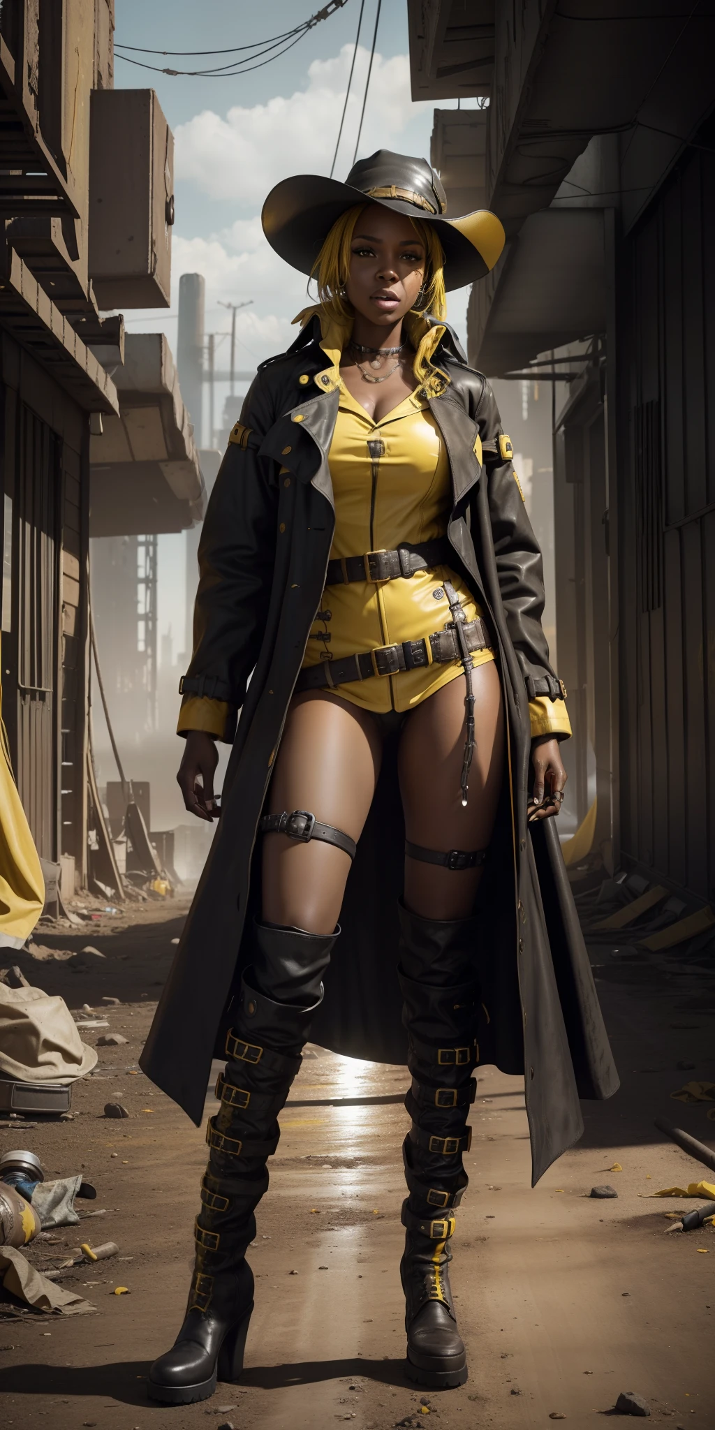 ((nsfw, A black woman with a yellow hat and trench coat)), In a post-apocalyptic setting,  cyberpunk oeste selvagem, post - apocalyptic cowboy, postapocalyptic explorer, post-apocalyptic western style, roupa estilo cyberpunk, Post apocalyptic, cinematic full body shot, post apocalyptic attire, steampunk ocidental