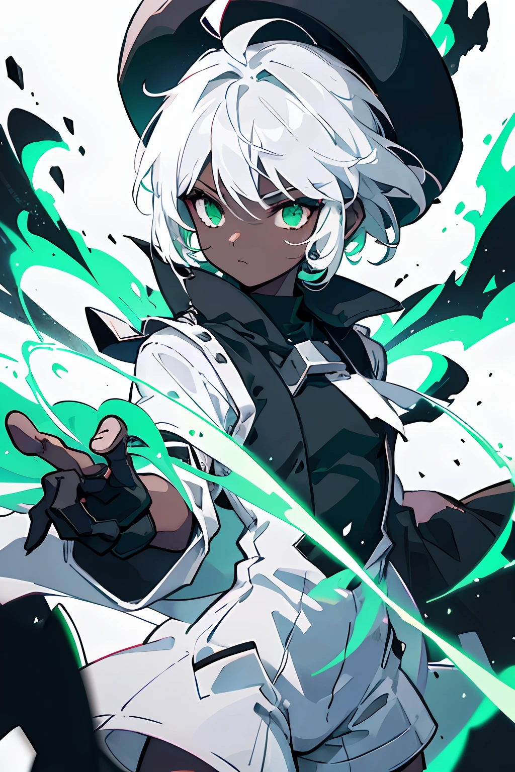 Black Skin, black, dark skin, white hair, white spiky hair, green eyes, short rompers, romper outfit, black and white clothing, flat hat, black gloves, green fire magic