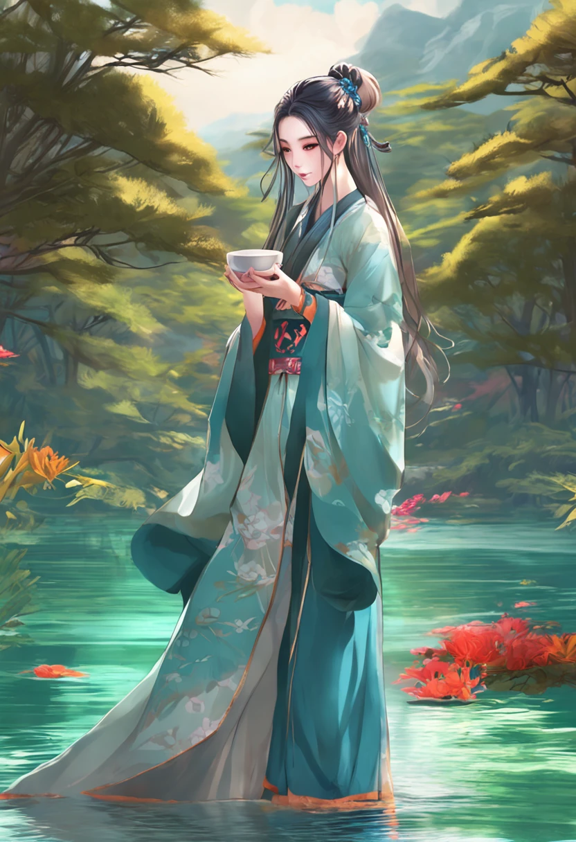 Masterpiece, Best Quality, Official Art, 8k Wallpaper, Very Detailed, Illustration, 1 Girl, Sky Blue Hair, Long Hair, Detailed Eyes, Forrest Gump, Bare Shoulders, Hanfu, Lake, Pure, Soft Smile, bamboo, tea --auto