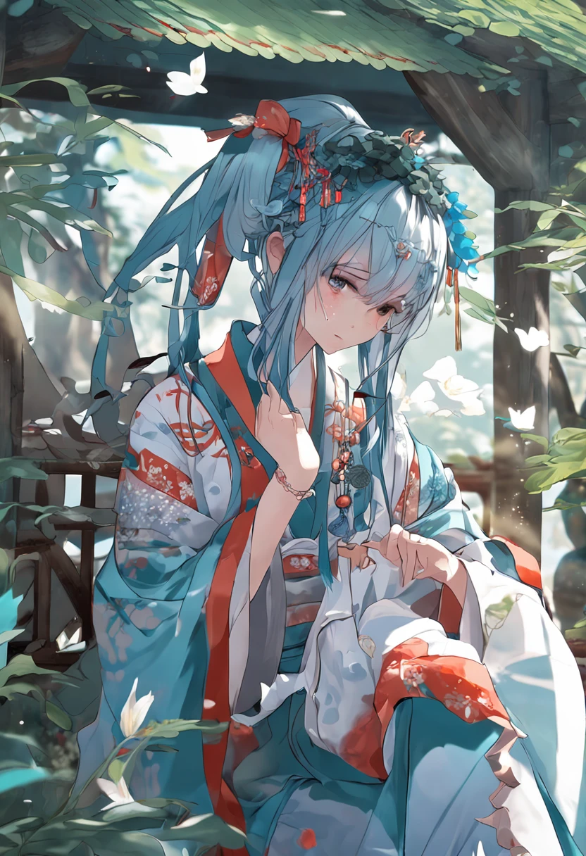 Masterpiece, Best Quality, Official Art, 8k Wallpaper, Very Detailed, Illustration, 1 Girl, Sky Blue Hair, Long Hair, Detailed Eyes, Forrest Gump, Bare Shoulders, Hanfu, Lake, Pure, Soft Smile, bamboo, tea --auto