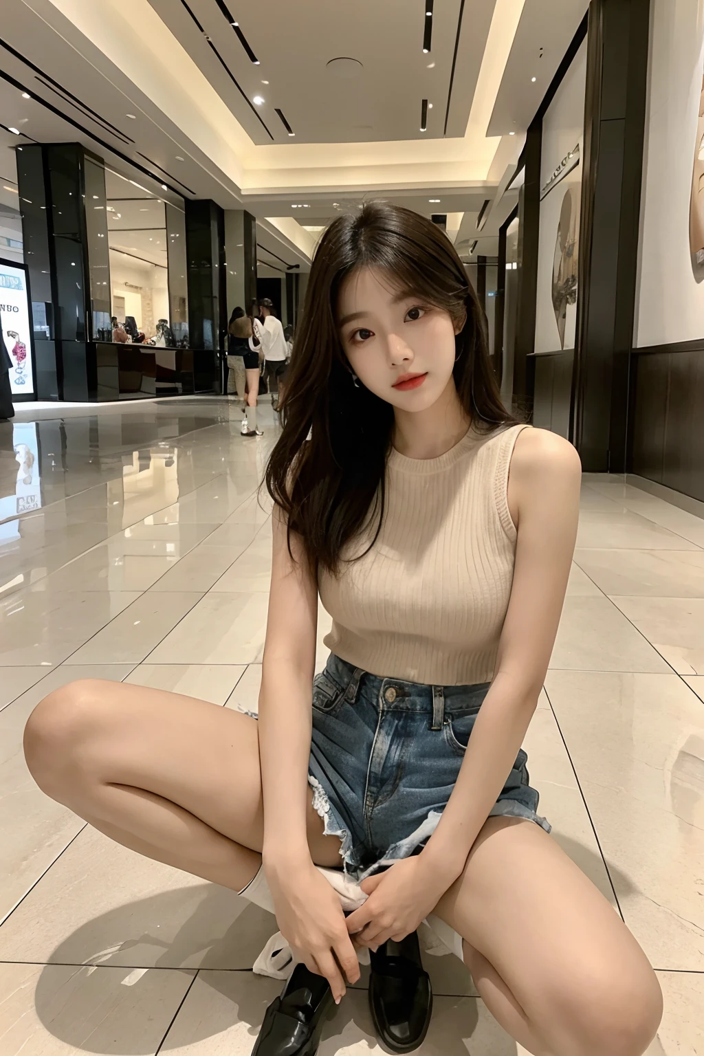 4K refined facial features,Korean girl standing in the mall,Shorts,shorter pants,Sit in different places,Spread your legs