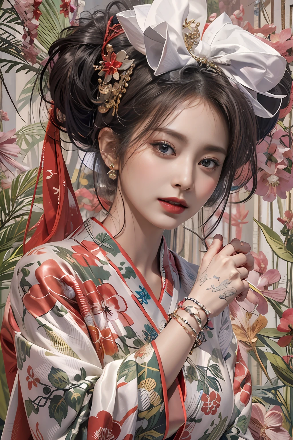 Photorealistic, High resolution, 1womanl, Solo, hips up high, look at viewr, (Detailed face), Kimono, The tattoo, Jewelry
