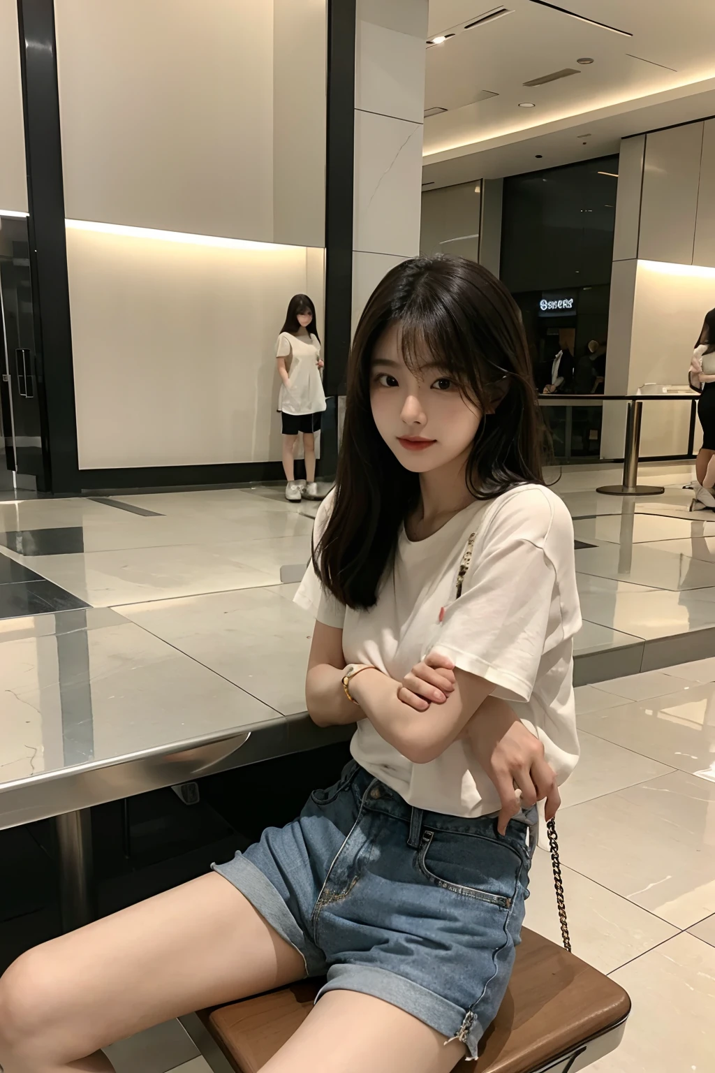 4K refined facial features,Korean girl standing in the mall,Shorts,shorter pants,Sit in different places,Spread your legs