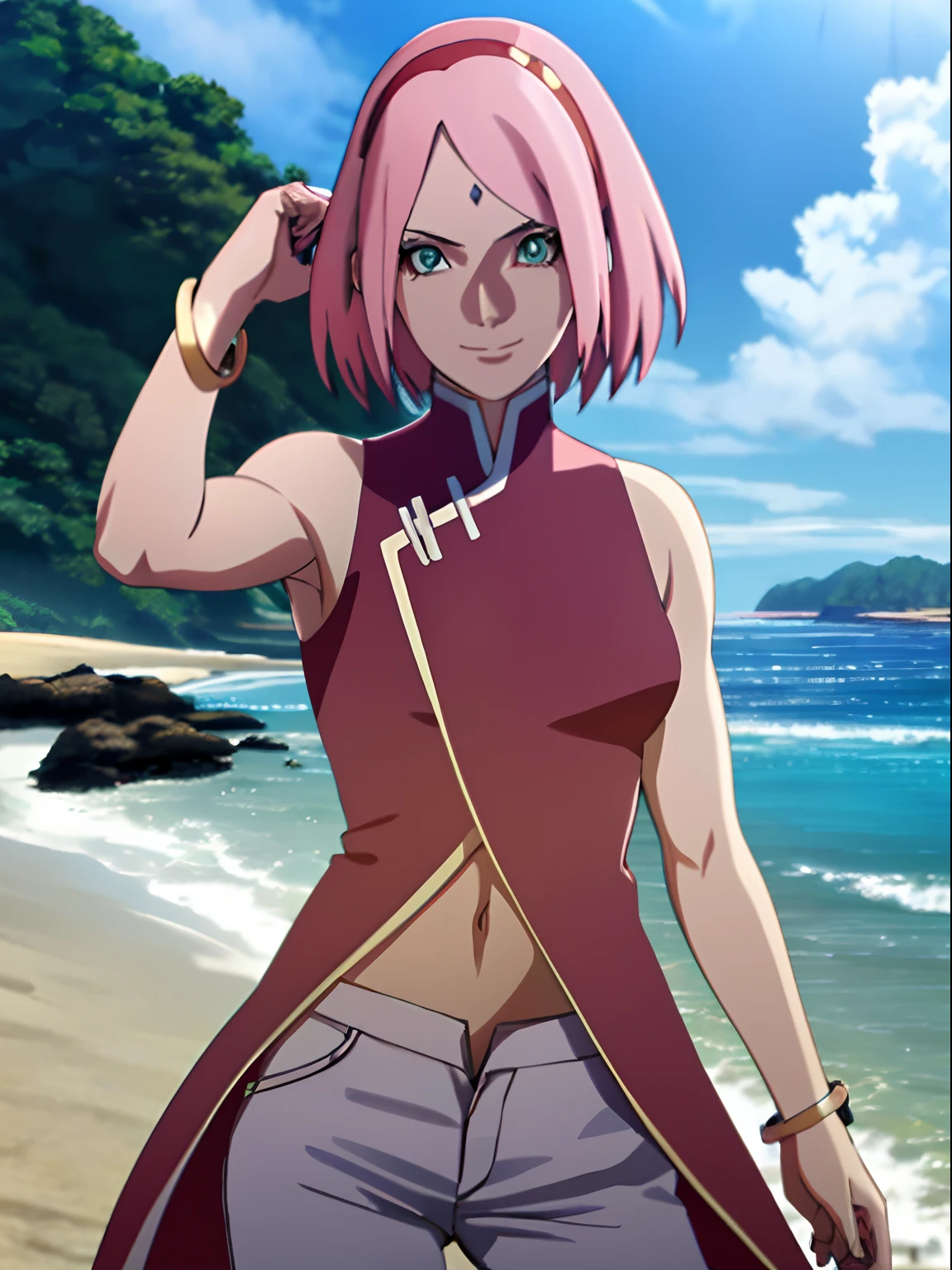 masterpiece, 4k, ultra hires, epic effects, portrait, official art, anime style, high brightness, best quality, 1girl, flexing arm muscles, haruno sakura, cowboy shot, professional artwork, detailed beach background, intricate details, colorful, digital blending, (ultra detailed body, ultra detail hair, ultra detail face), trending on pixiv,
hot smile, (forehead mark, milf, red hairband, pale skin, small breasts, short hair, ((red sleeveless dress, micro bikini top, bikini top only), (gold necklace), white pants), (flat belly, belly lines, navel, belly button, bracelet, pink hair, open eyes, big eyes), smile, beach, wind, floating hair, detailed arms, off-shoulders, broad shoulders, slightly muscular arms, (dirty armpits, armpit pocket), standing)
