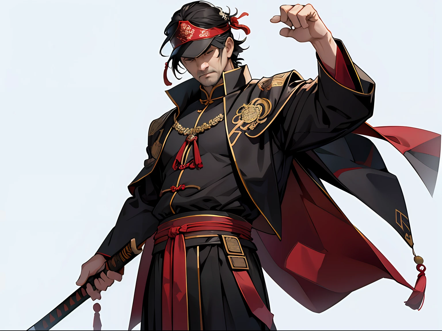 A middle-aged man wears a black Chinese Taoist uniform，The lining is burgundy，Wear a cape on his head，The hilt of the katana is held in one hand，Hands naturally droop， Go straight，The background is an ancient Chinese tenon and tenon structure building