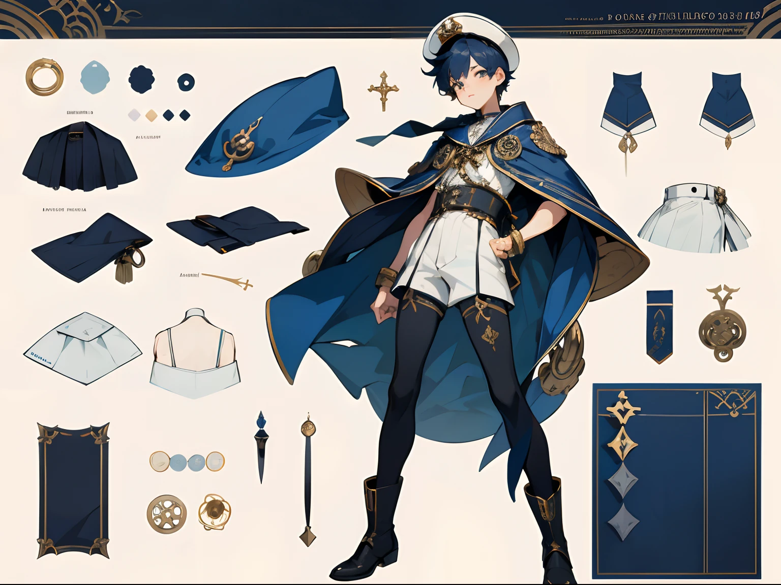[ character design ], male character, character adoptable, fullbody commission for, full body character design, interesting character design, very stylized character design, full body adoptable, full character design, high quality character design, detailed character design, stylized character design, detailed full body concept, character design art, great character design, concept art, character sheet, navy theme, shota, male, boy, sailor, water, maritime, cute style, ocean theme, dark blue, glowing eyes, highly detailed outfit, multiple views, back and front, outfit detail, short, shorts, badges, military cape, sailor hat, antique, mechanic, effeminate, lace, ruffles, detailed boots, garter belts, front and back view, short boy, anime boy, cute boy, accessories, priest, church, choir boy, cute, detailed，People table，character sheets，Lots of items（The same person，Many parts）frontage，Lateral face，on back），lovely boy simple backgound，white background：1.3, perfect face, detailed eyes, clear face, many accessories, gold motifs, white motifs, diver, underwater, captain, elegant, flowing accessories, chunky shoes, wedge shoes, steampunk accessories