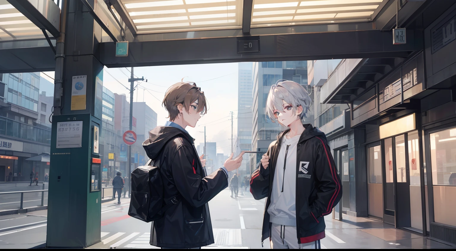 Two Boys, Silver-haired boy and brown-haired boy, In front of the station、Talking、Boys Love、hight resolution、ultra-detailliert