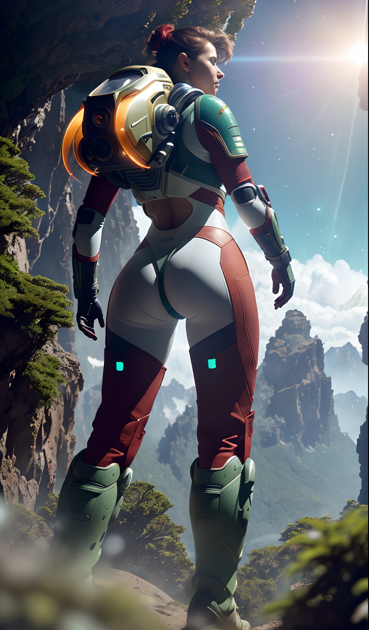 (35mmstyle:1.2), Highly detailed RAW color Photo, Rear Angle, Full Body, of (female space marine, wearing white and red space suit, futuristic helmet, tined face shield, rebreather, accentuated booty), outdoors, (standing on Precipice of tall rocky mountain, looking out at magical lush green rain forest on alien planet), vivid detail, (exotic alien planet), toned body, big butt, (sci-fi), (mountains:1.1), (lush green vegetation), (two moons in sky:0.8), (highly detailed, hyperdetailed, intricate), (lens flare:0.7), (bloom:0.7), particle effects, raytracing, cinematic lighting, shallow depth of field, photographed on a Sony a9 II, 35mm wide angle lens, sharp focus, cinematic film still from Gravity 2013, viewed from behind, dynamic angle