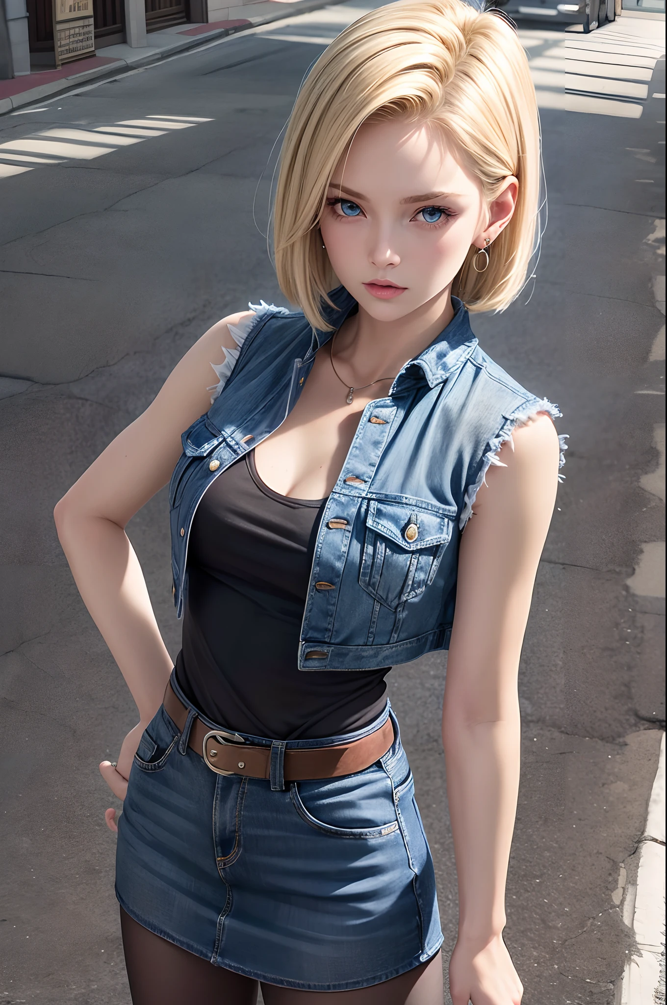 Best Quality, hight resolution, and18, 1girl in, Android 18, Solo, Blonde hair, Blue eyes, Short hair, earrings, Jewelry, Denim Vest, open vest, Black pantyhose, Black shirt, jean skirt, Striped long sleeves, Blue skirt, medium breasts, Cowboy Shot, Street, (Externally expanded Chest: 1.2)