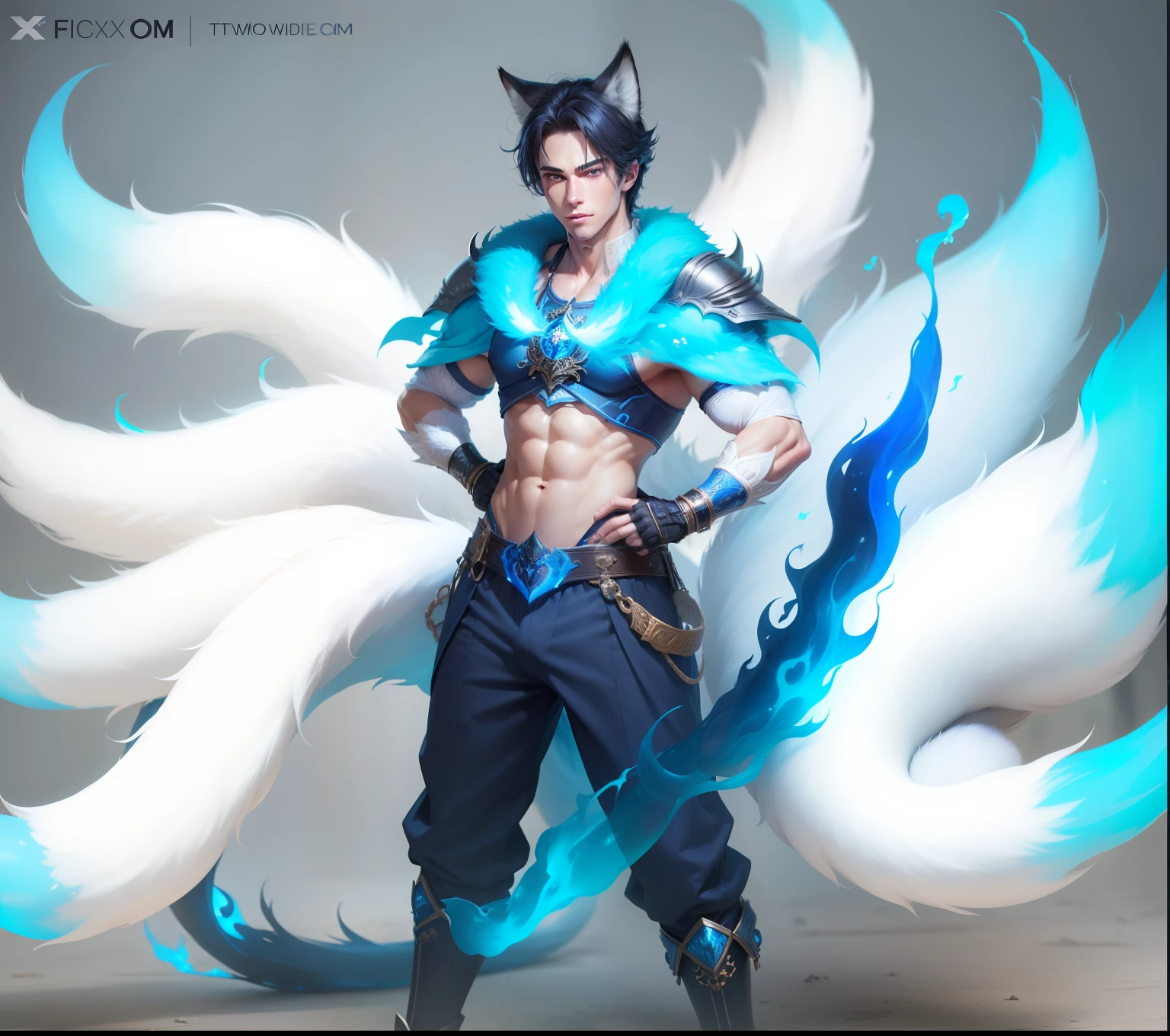 Boy , sixpack, handsome, charming,fox ear,fox tail, blue fire, blue eyes, white skin, cute, realistic, ultra detail, pretty face,big long penis, perfect face, perfect eyes